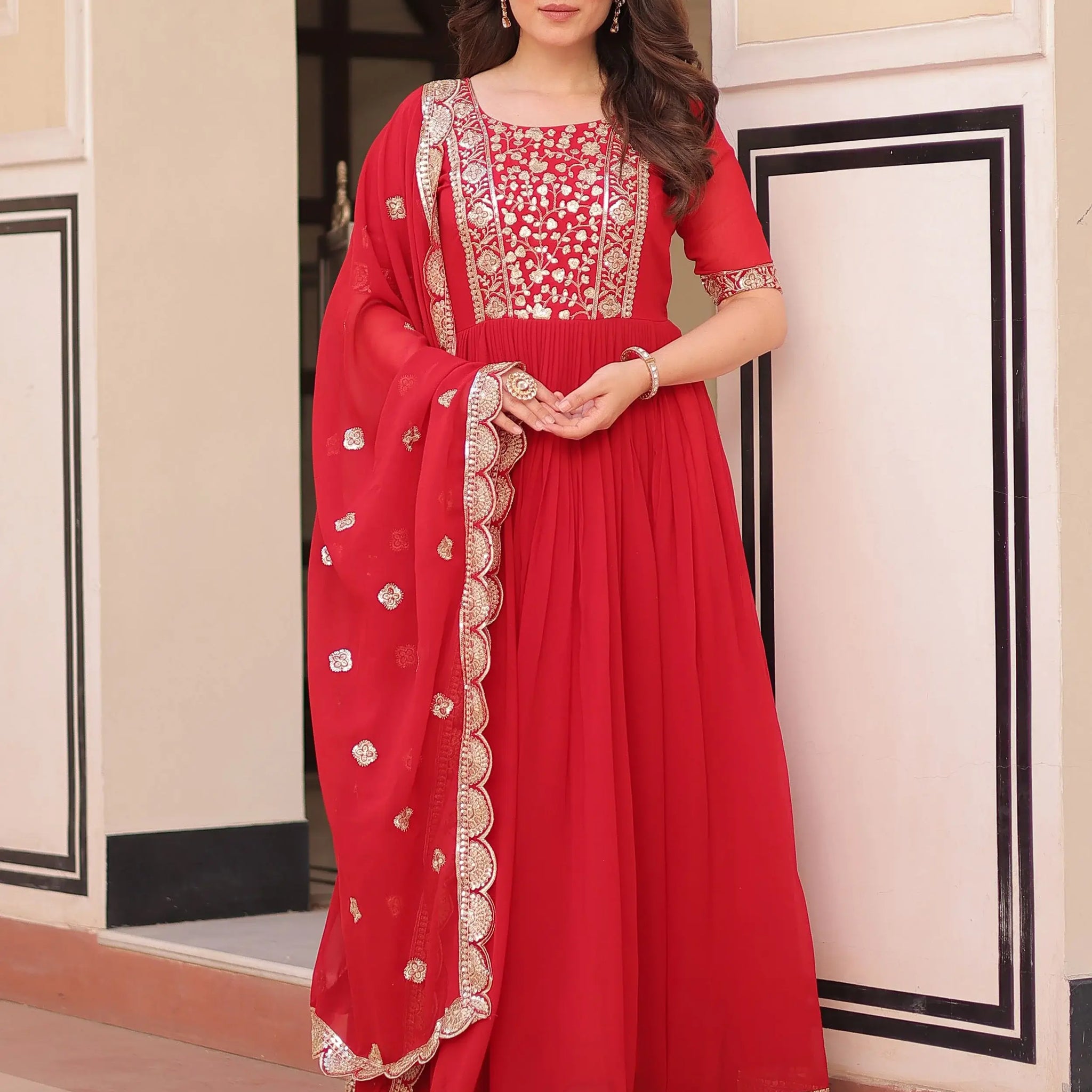 Fascinating Red Zari Embroidered Georgette Wedding Wear Gown With Dupatta - Zeel Clothing