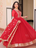 Fascinating Red Zari Embroidered Georgette Wedding Wear Gown With Dupatta - Zeel Clothing