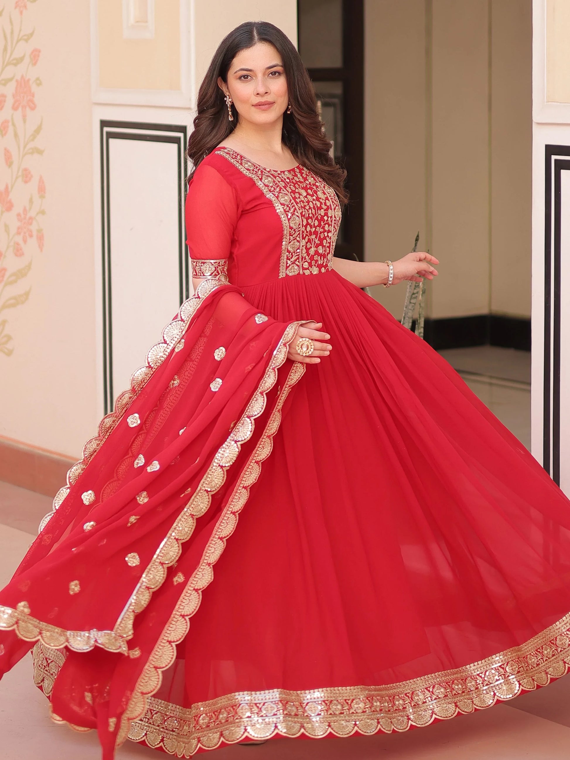 Fascinating Red Zari Embroidered Georgette Wedding Wear Gown With Dupatta - Zeel Clothing
