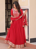 Fascinating Red Zari Embroidered Georgette Wedding Wear Gown With Dupatta - Zeel Clothing
