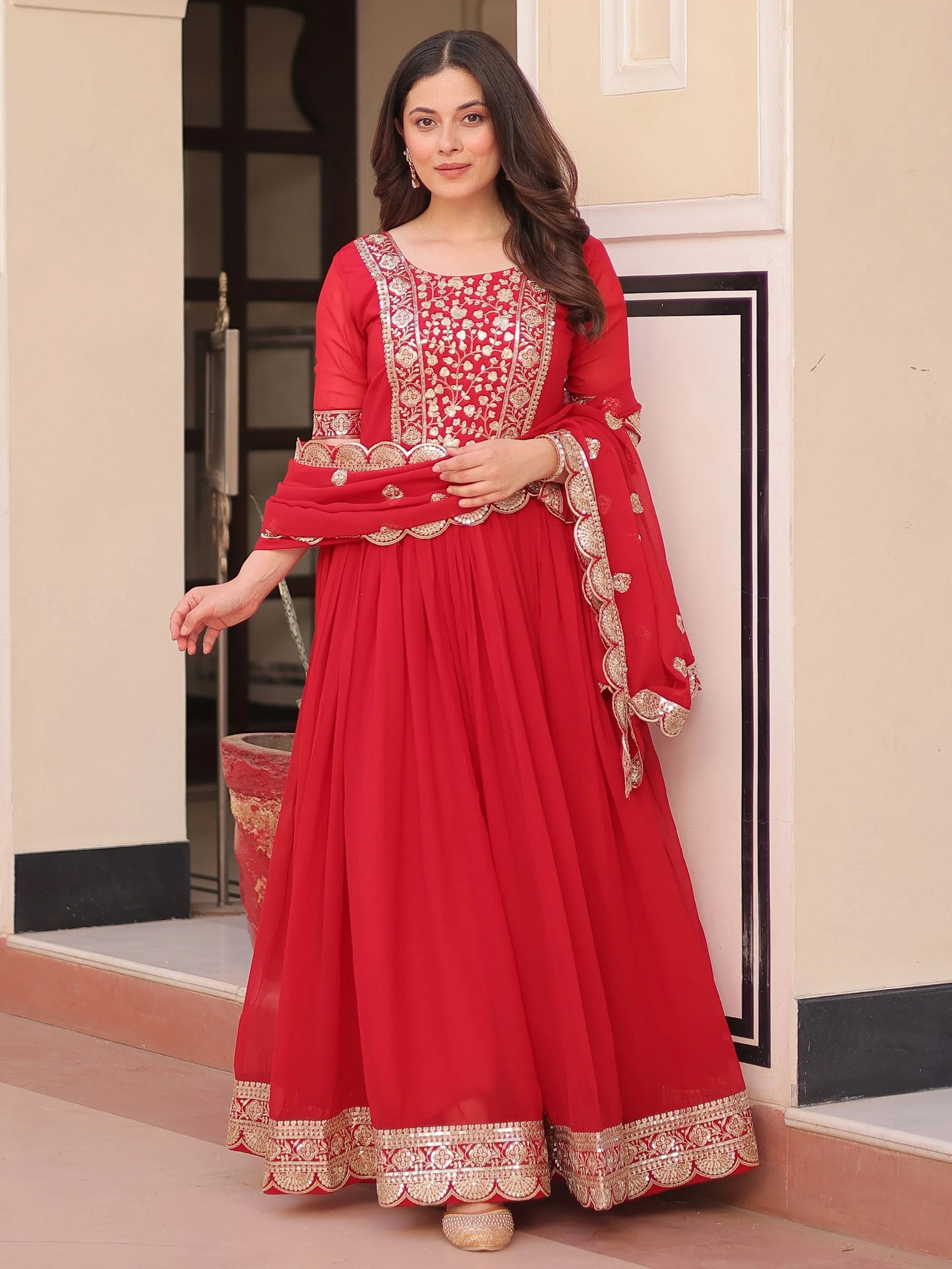 Fascinating Red Zari Embroidered Georgette Wedding Wear Gown With Dupatta - Zeel Clothing