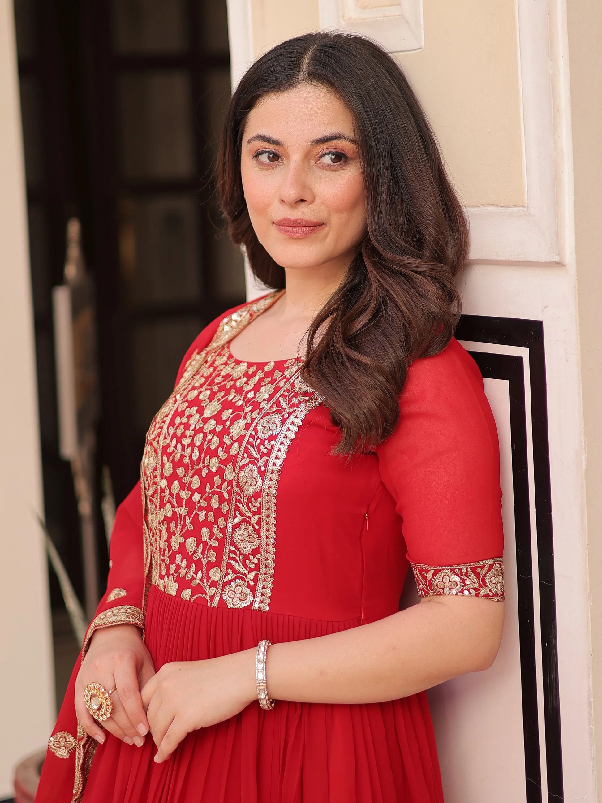 Fascinating Red Zari Embroidered Georgette Wedding Wear Gown With Dupatta - Zeel Clothing