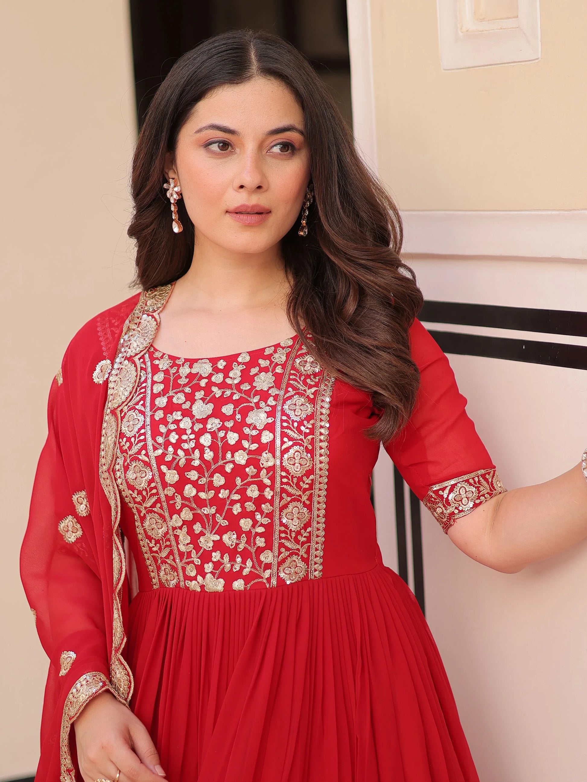 Fascinating Red Zari Embroidered Georgette Wedding Wear Gown With Dupatta - Zeel Clothing