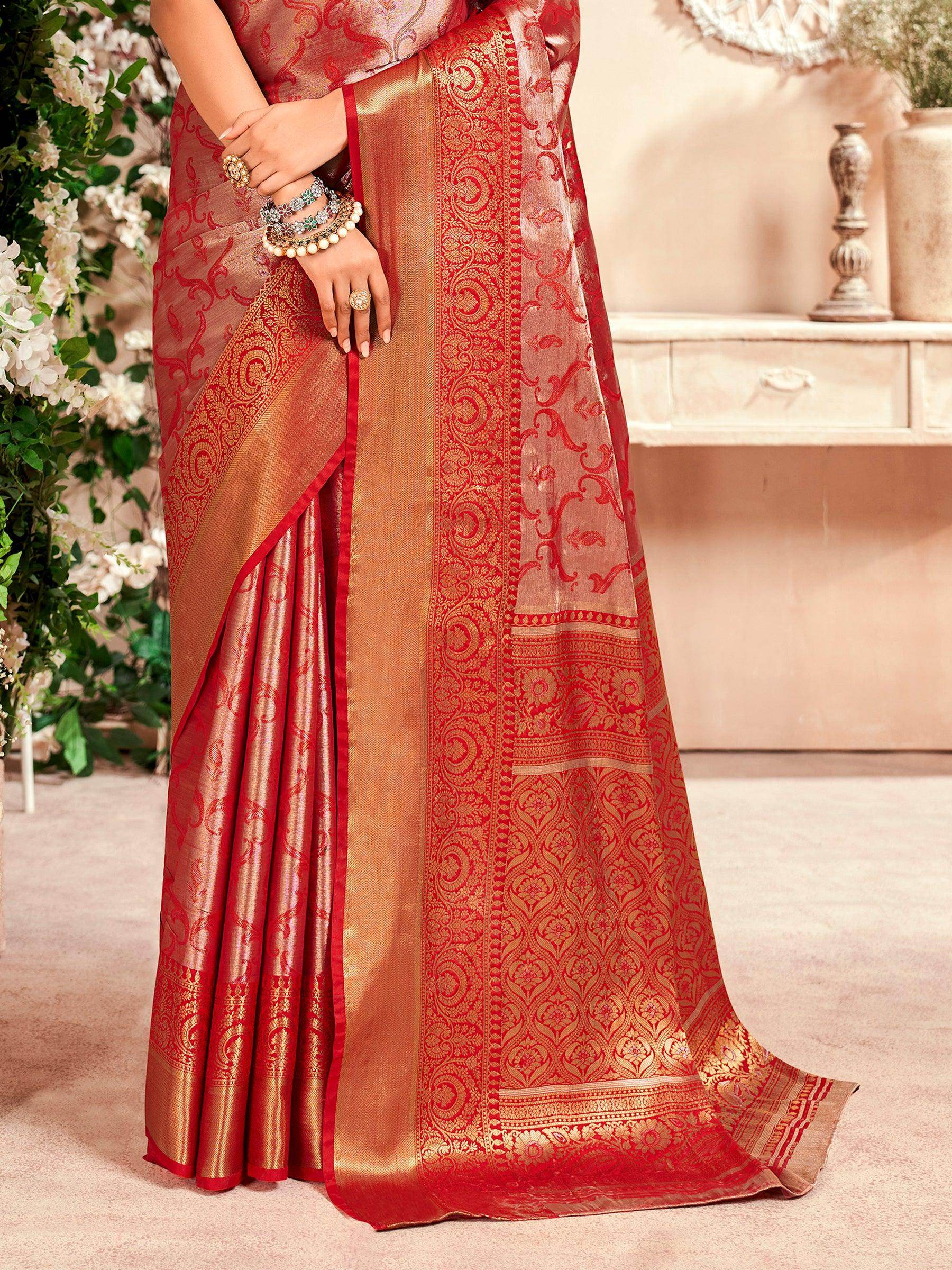 Fascinating Red Zari Weaving Silk Traditional Saree With Blouse - Zeel Clothing