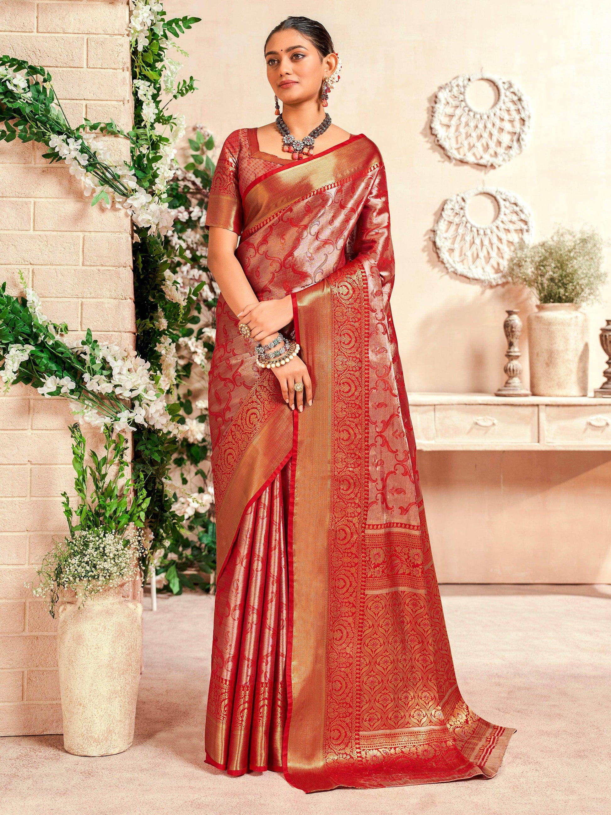 Fascinating Red Zari Weaving Silk Traditional Saree With Blouse - Zeel Clothing