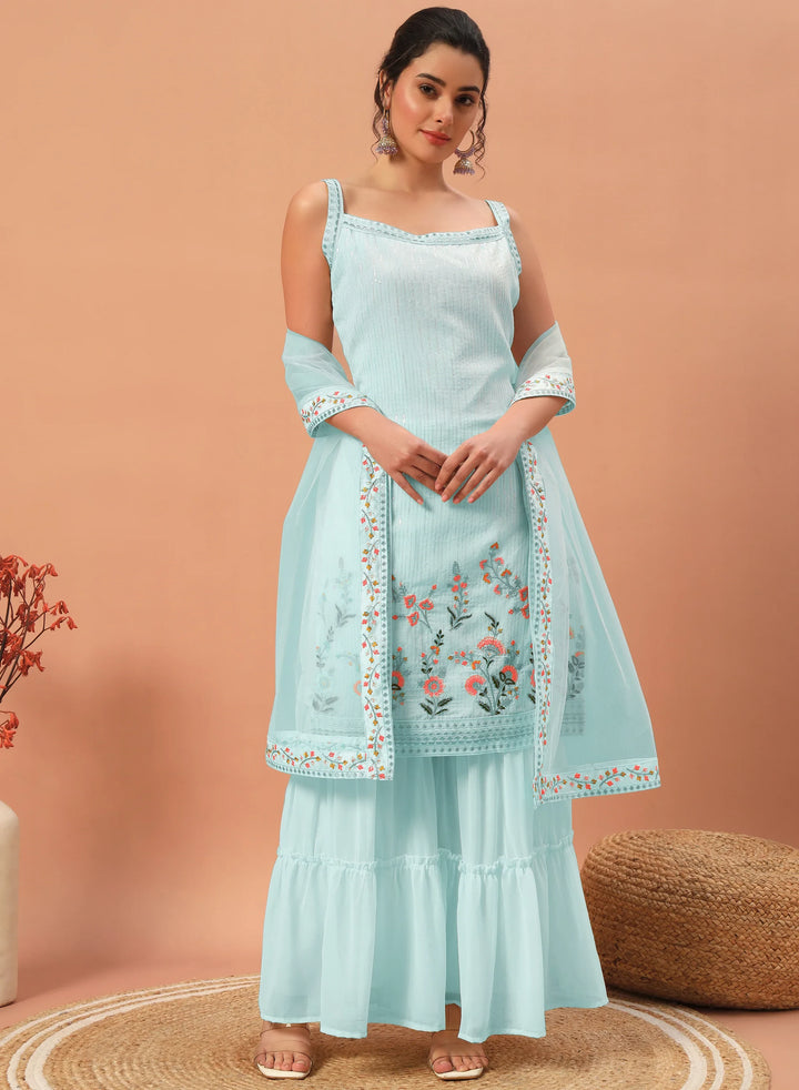 Fascinating Sky-Blue Sequins Georgette Festive Wear Sharara Suit - Zeel Clothing