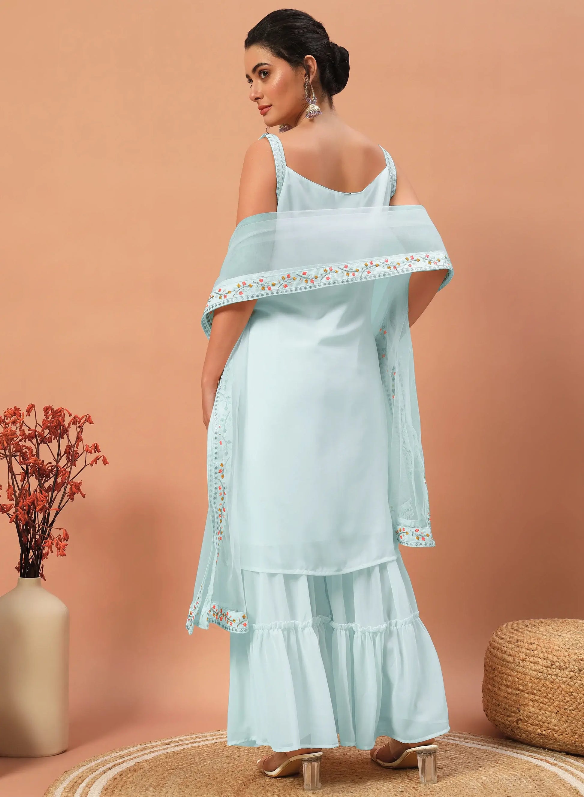 Fascinating Sky-Blue Sequins Georgette Festive Wear Sharara Suit - Zeel Clothing