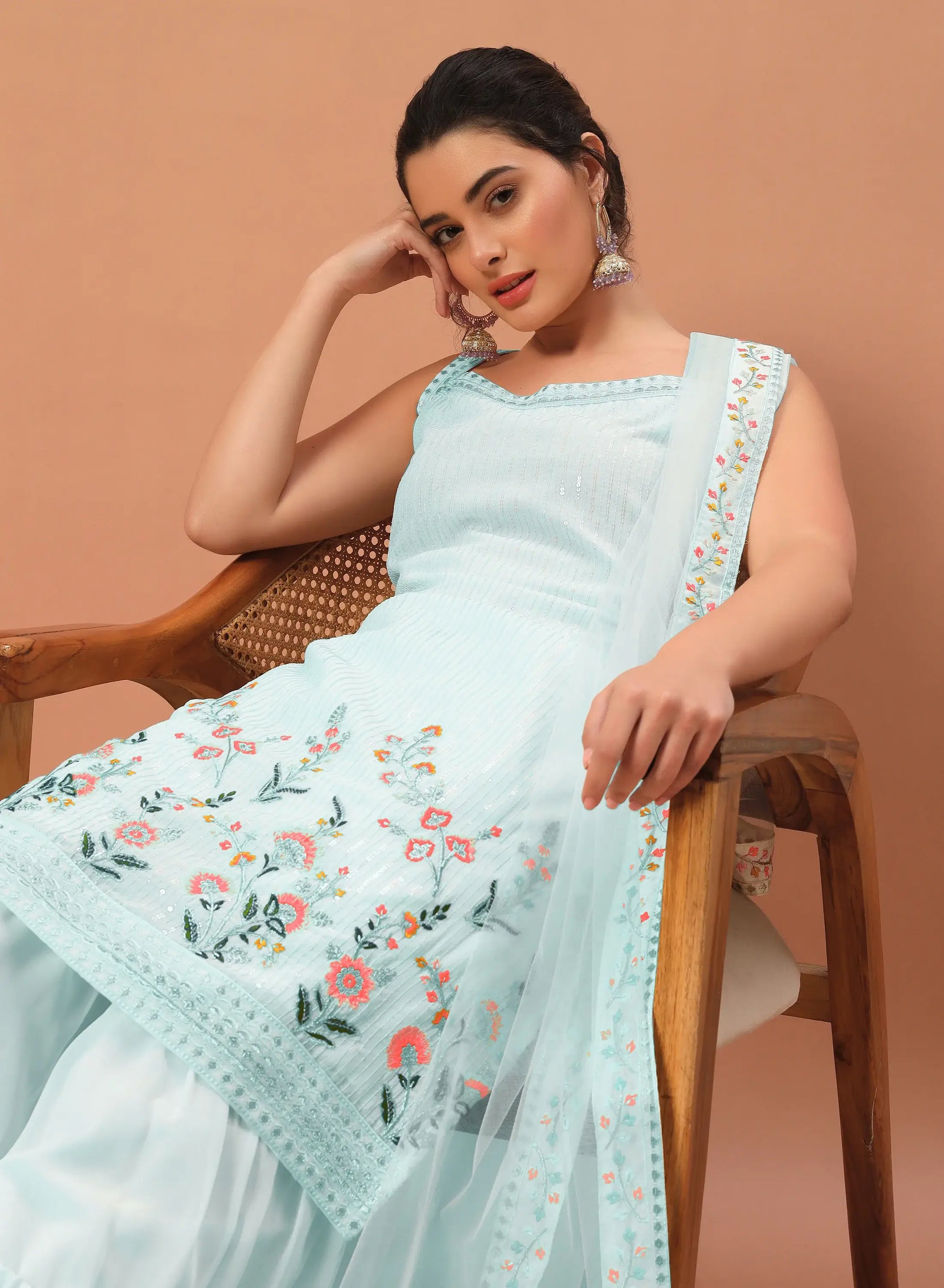 Fascinating Sky-Blue Sequins Georgette Festive Wear Sharara Suit - Zeel Clothing