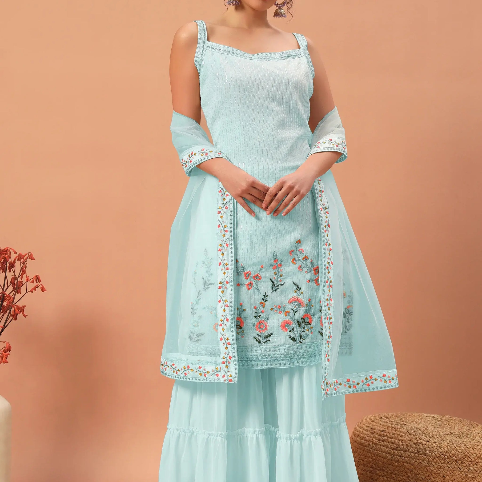 Fascinating Sky-Blue Sequins Georgette Festive Wear Sharara Suit - Zeel Clothing