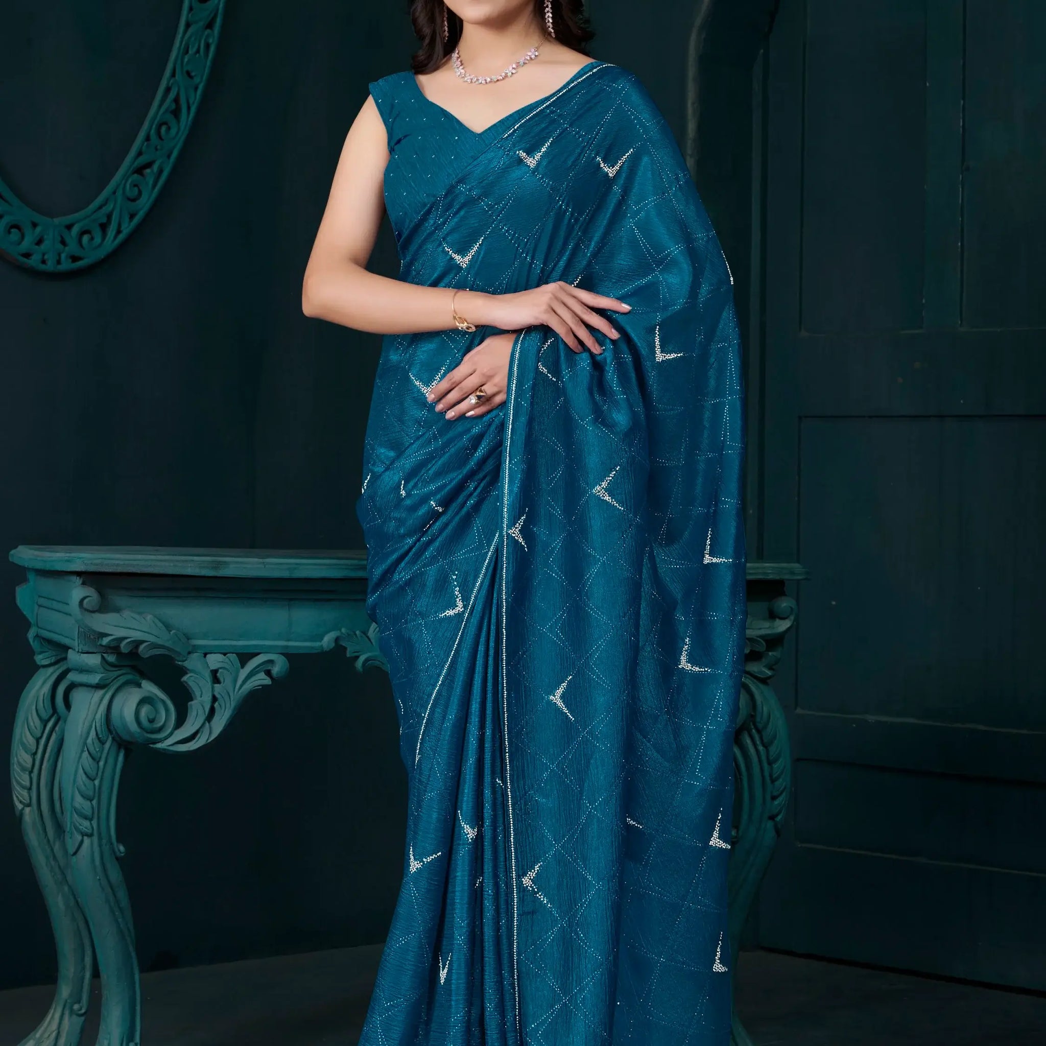 Fascinating Teal Blue Crepe Silk Party Wear Saree With Blouse - Zeel Clothing