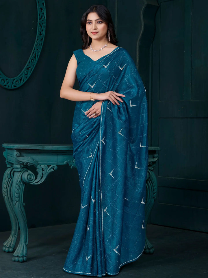 Fascinating Teal Blue Crepe Silk Party Wear Saree With Blouse - Zeel Clothing