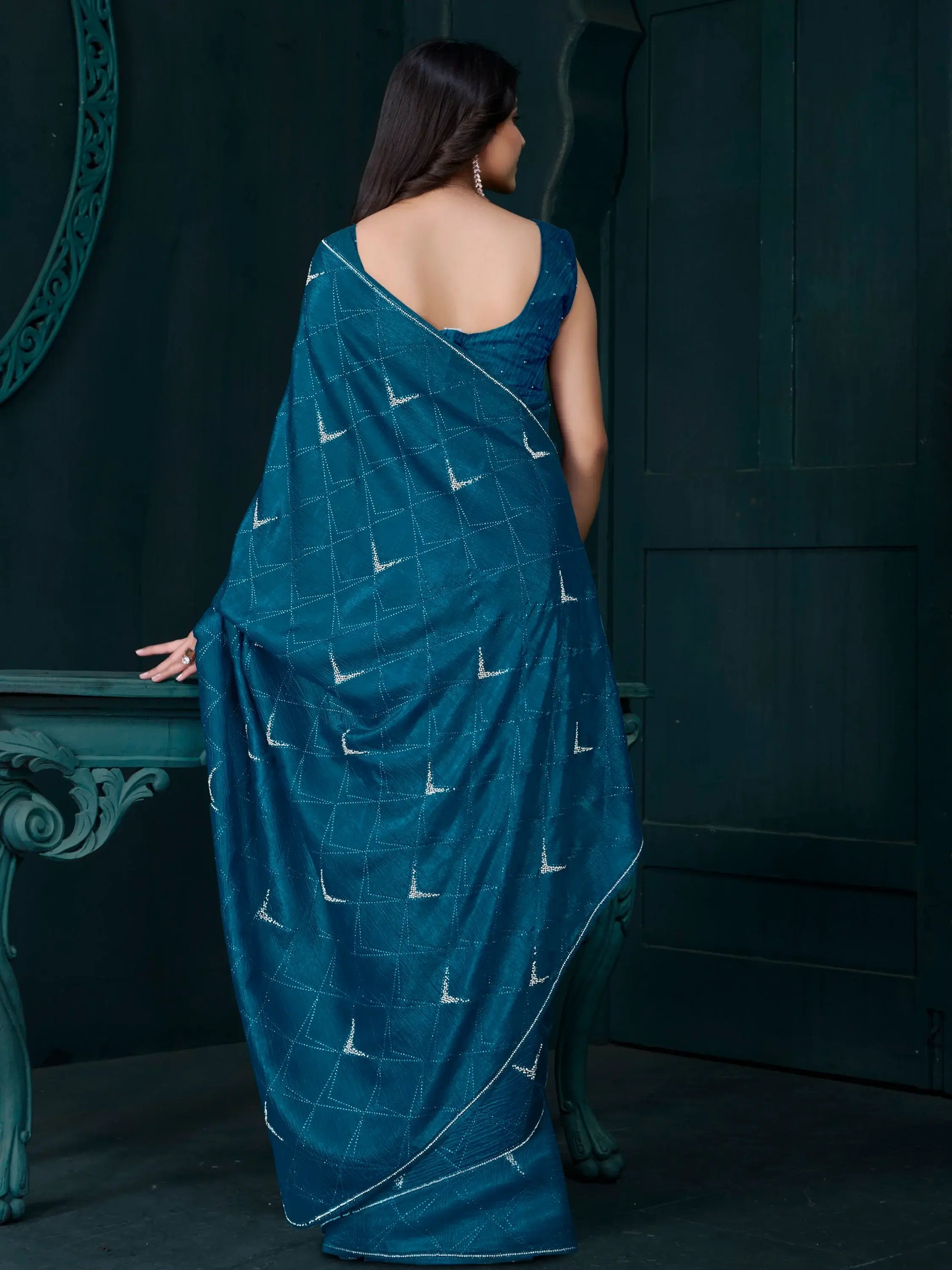 Fascinating Teal Blue Crepe Silk Party Wear Saree With Blouse - Zeel Clothing