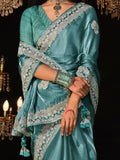 Fascinating Teal Blue Embroidered Tissue Silk Engagement Wear Saree - Zeel Clothing