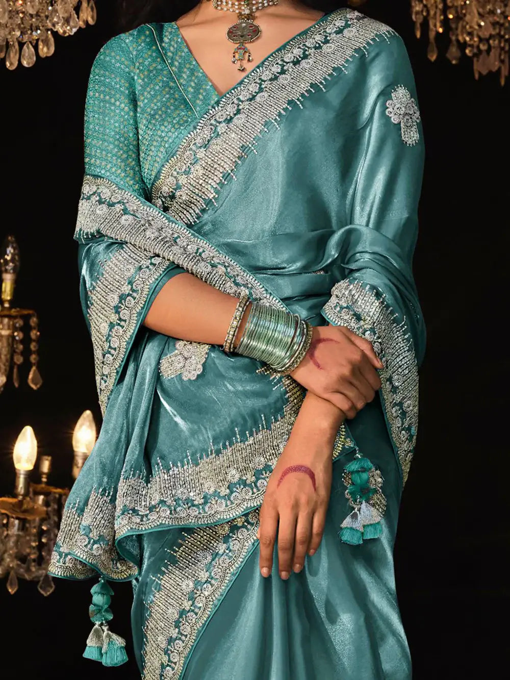 Fascinating Teal Blue Embroidered Tissue Silk Engagement Wear Saree - Zeel Clothing