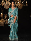 Fascinating Teal Blue Embroidered Tissue Silk Engagement Wear Saree - Zeel Clothing