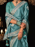 Fascinating Teal Blue Embroidered Tissue Silk Engagement Wear Saree - Zeel Clothing