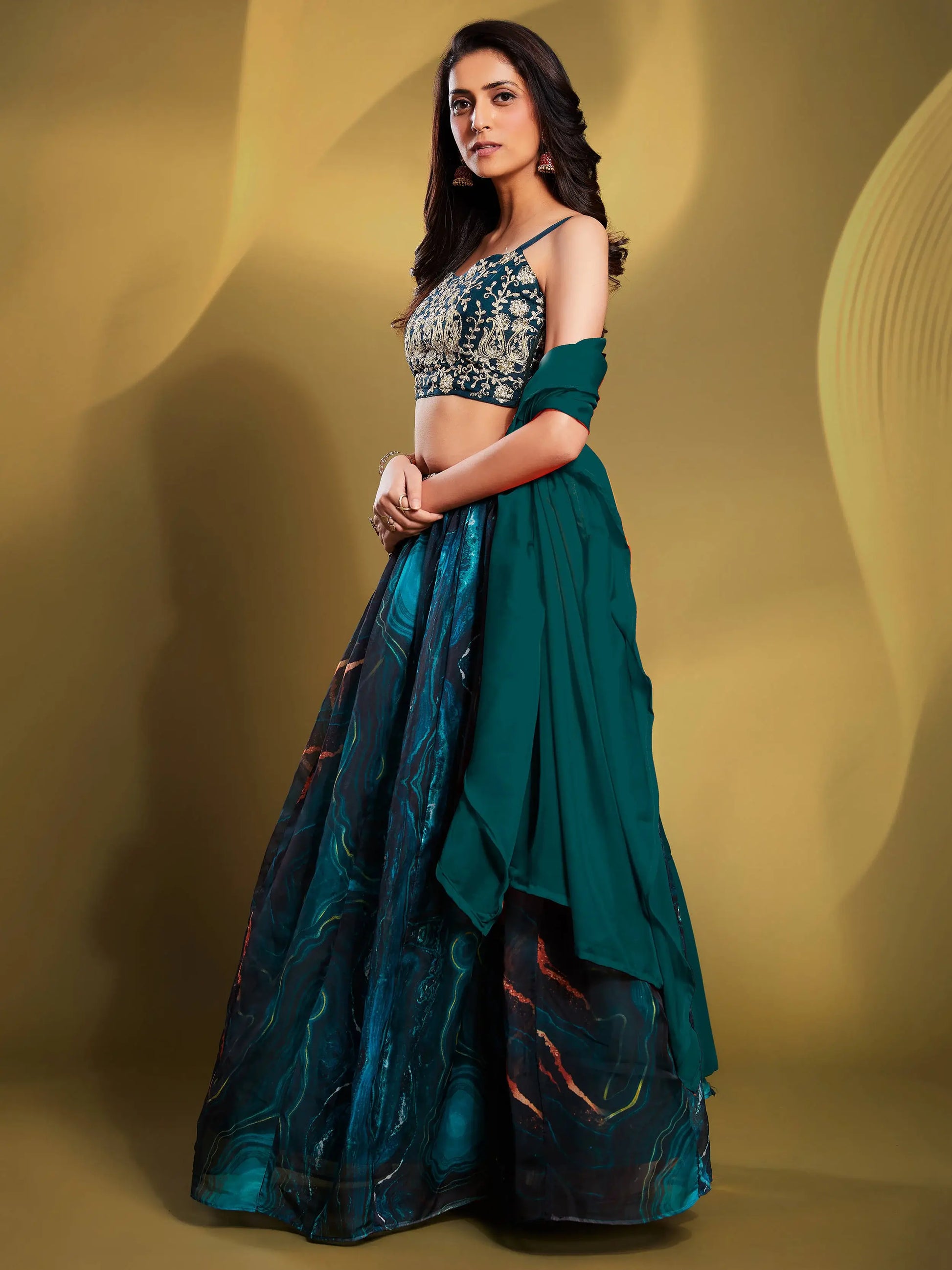 Fascinating Teal Blue Sequins Organza Party Wear Lehenga Choli - Zeel Clothing