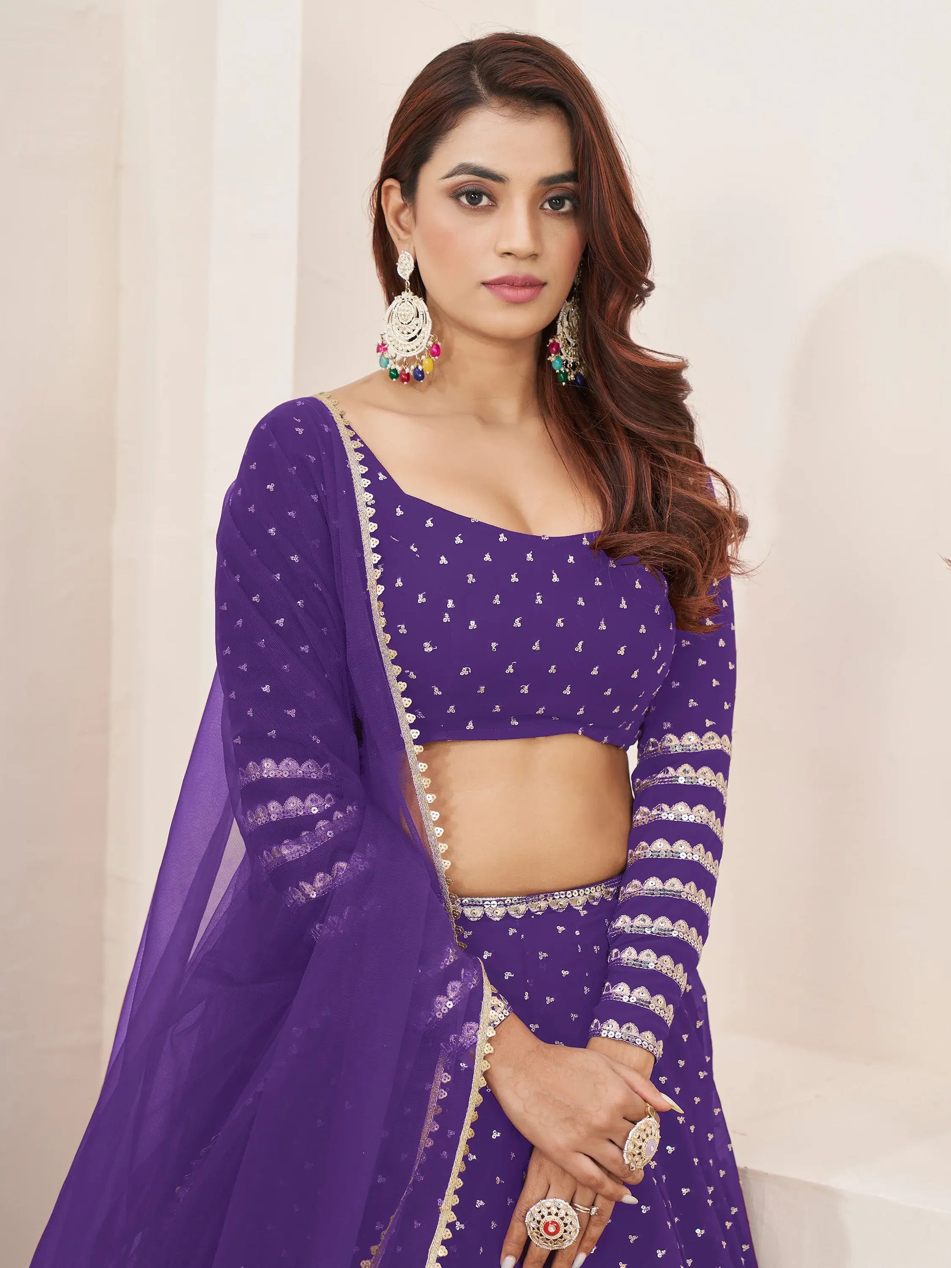 Fascinating Violet Sequins Georgette Engagement Wear Lehenga Choli - Zeel Clothing