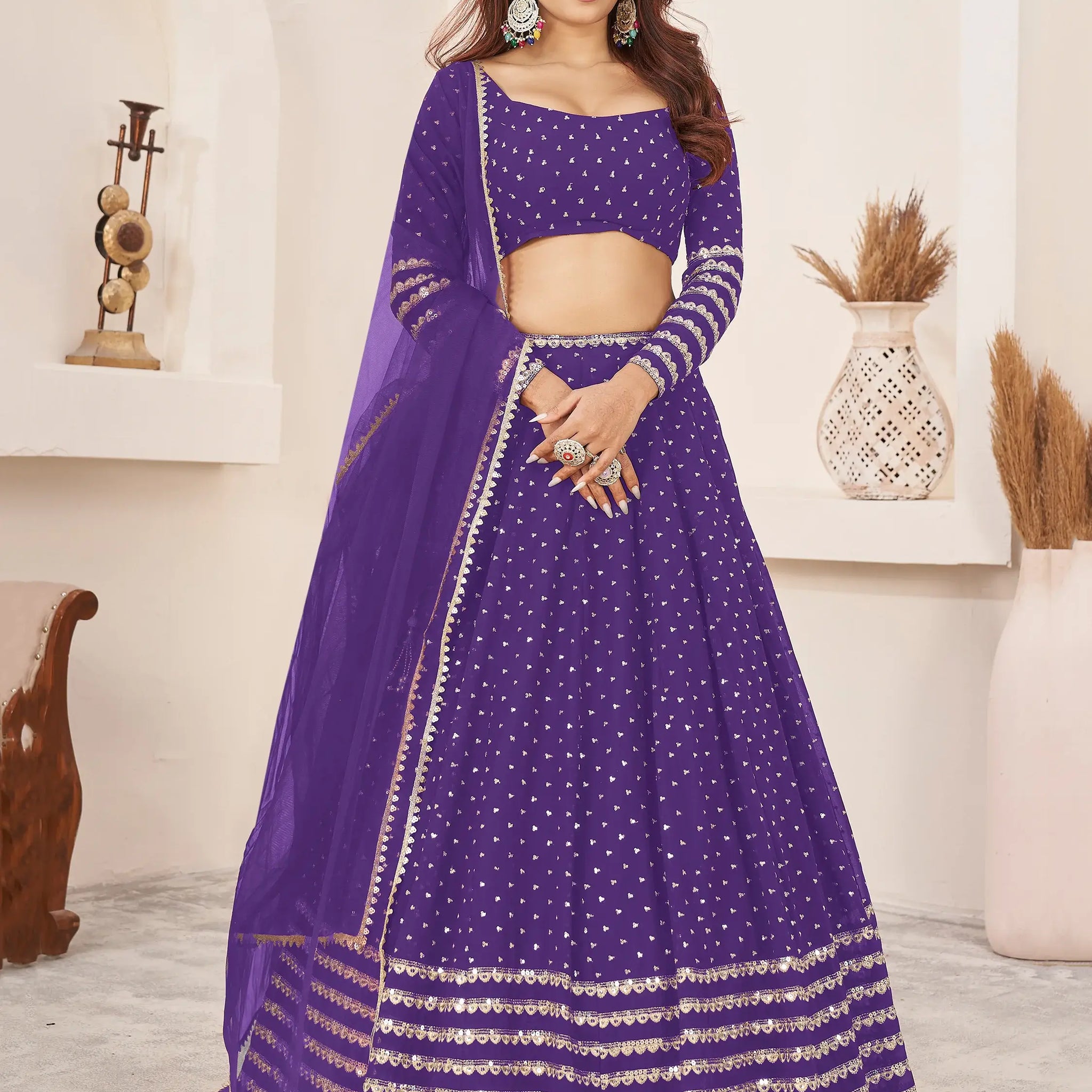 Fascinating Violet Sequins Georgette Engagement Wear Lehenga Choli - Zeel Clothing