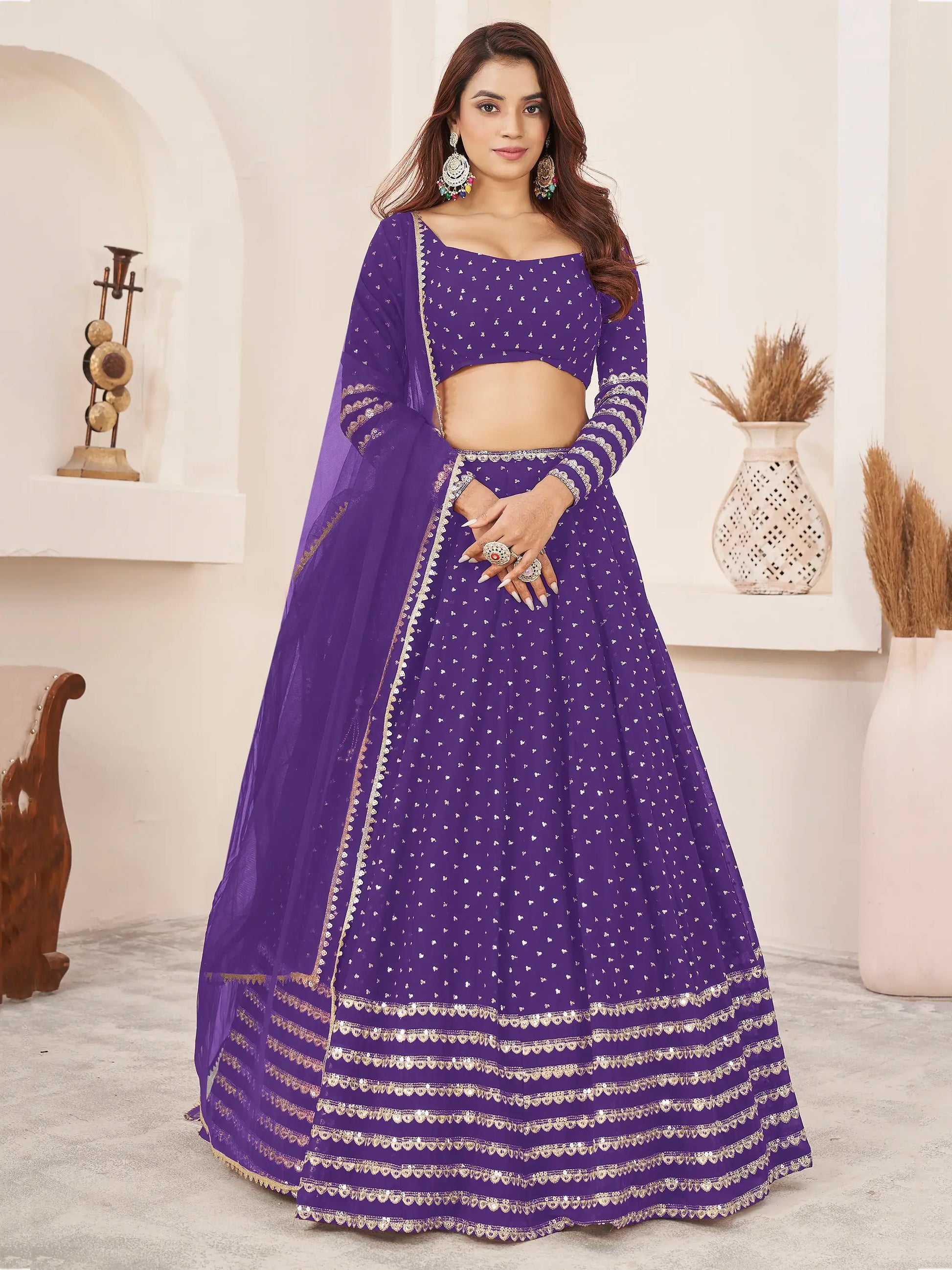 Fascinating Violet Sequins Georgette Engagement Wear Lehenga Choli - Zeel Clothing