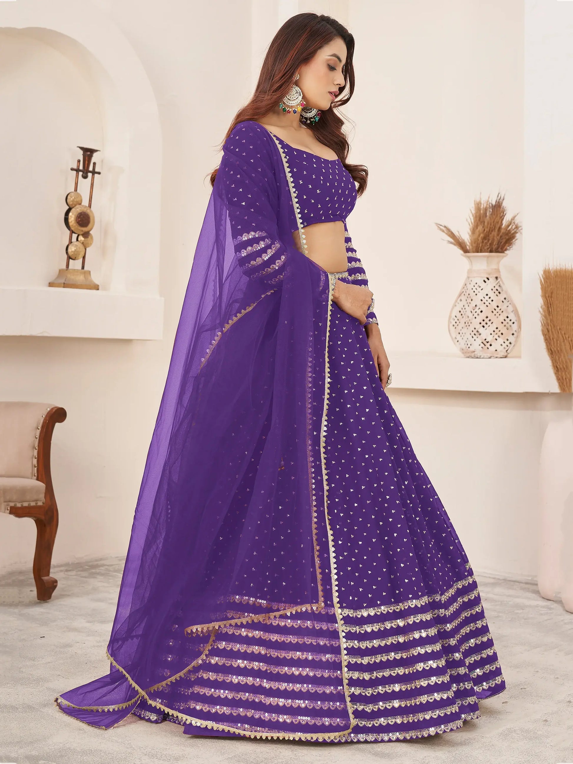 Fascinating Violet Sequins Georgette Engagement Wear Lehenga Choli - Zeel Clothing