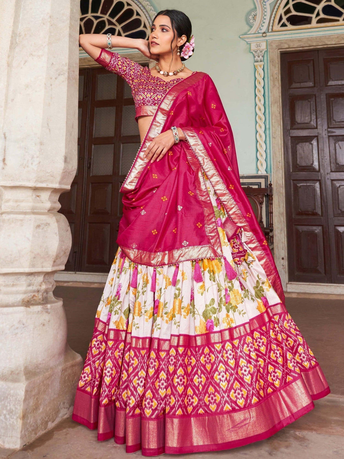 Fascinating White & Pink Patola Printed Tussar Silk Lehenga Choli