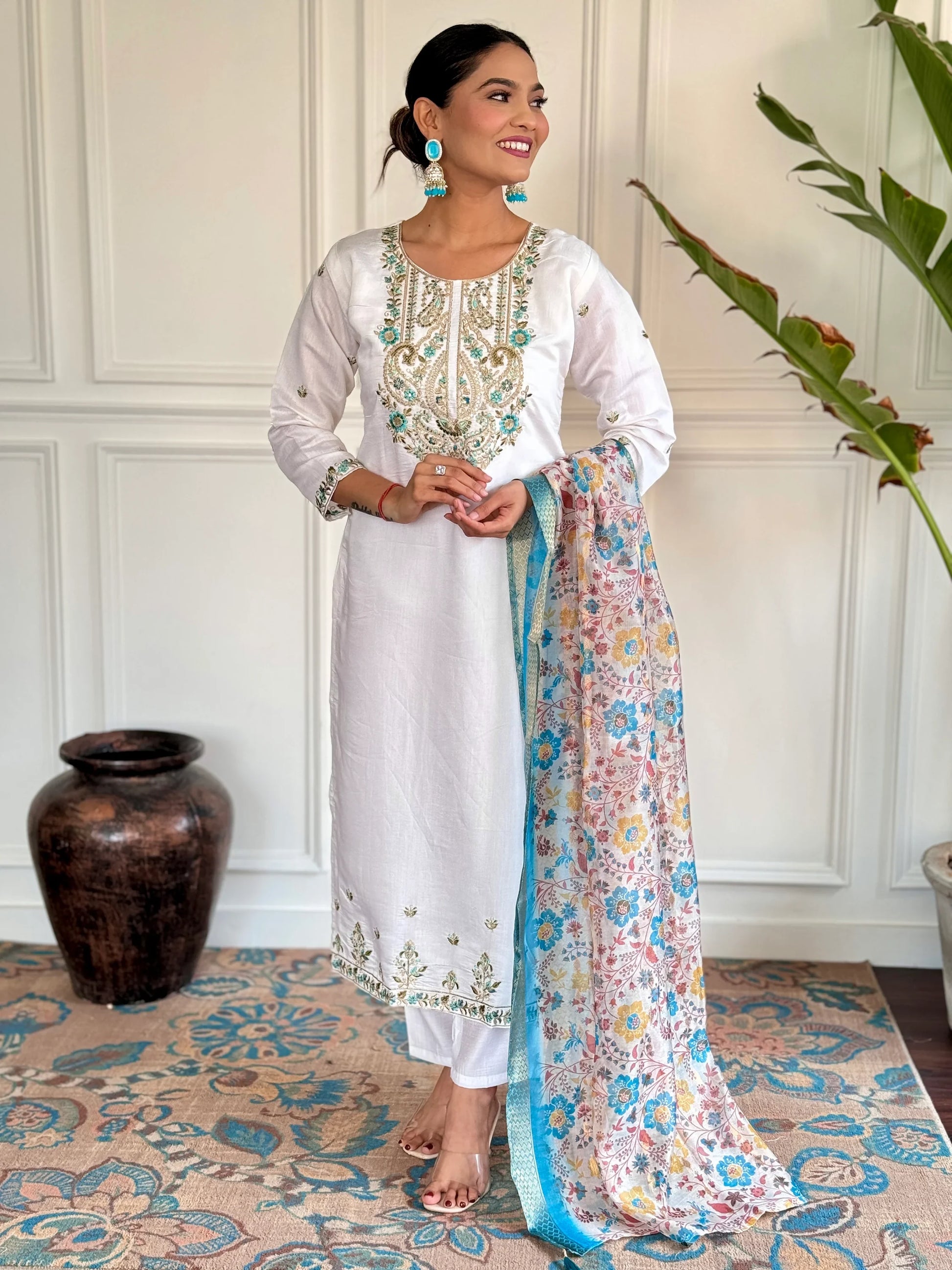 Fascinating White Embroidered Chanderi Silk Event Wear Pant Suit - Zeel Clothing