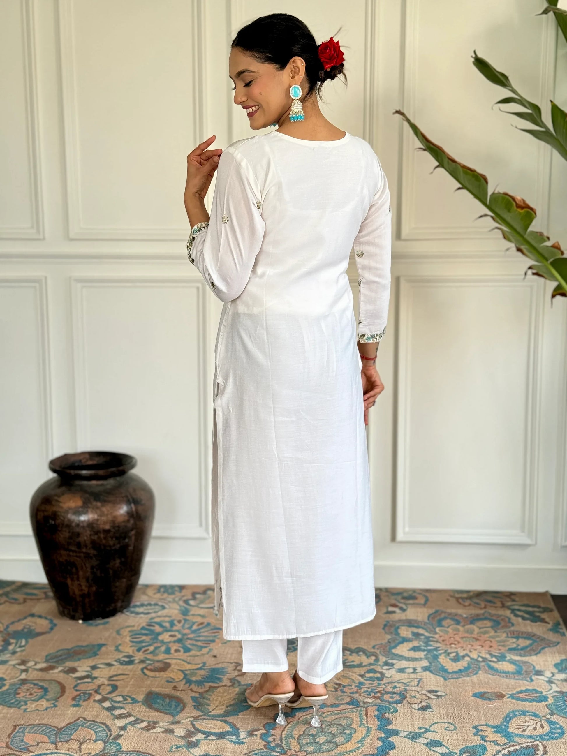 Fascinating White Embroidered Chanderi Silk Event Wear Pant Suit - Zeel Clothing