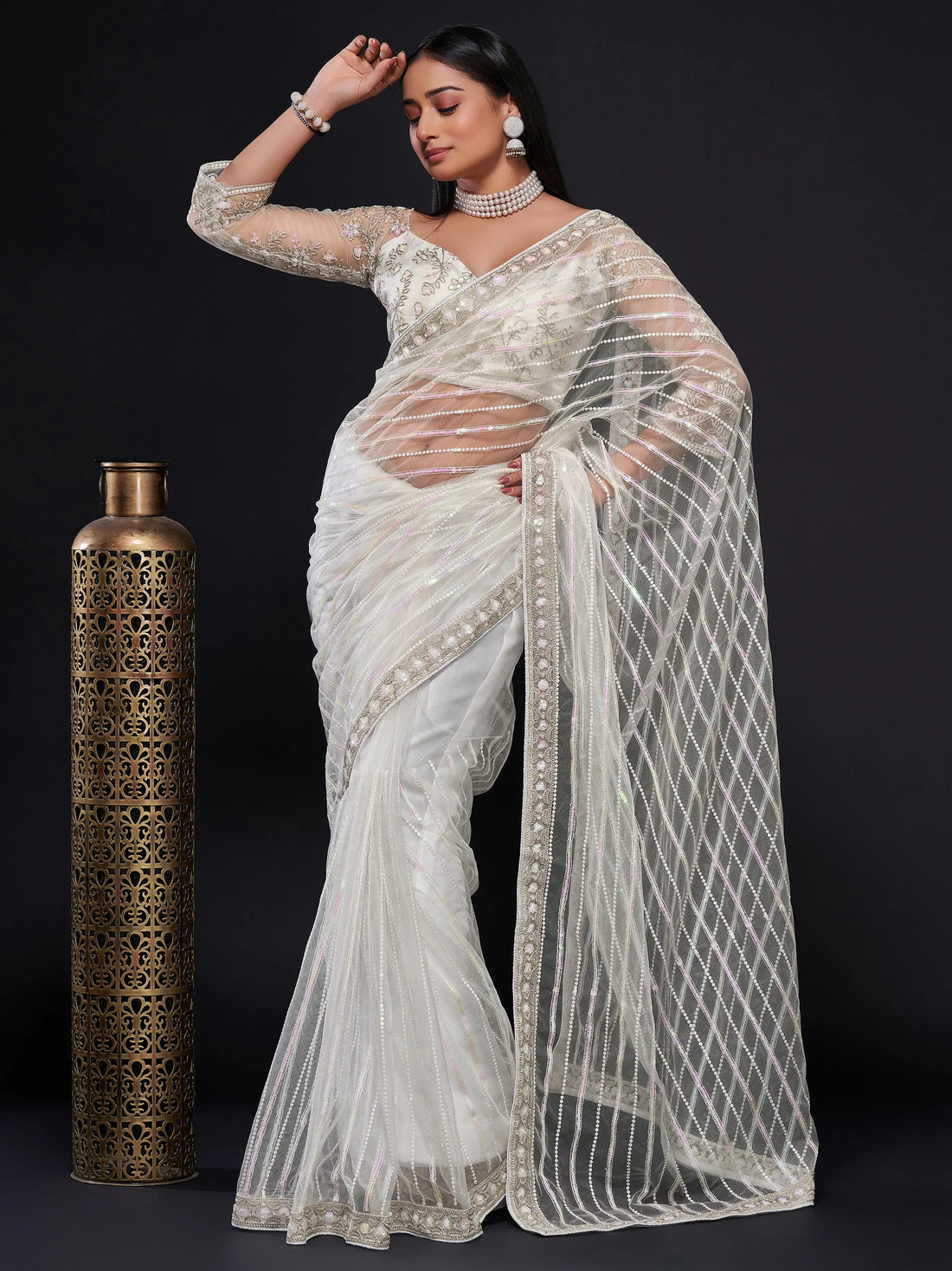 Fascinating White Sequins Net Party Wear Saree With Blouse - Zeel Clothing