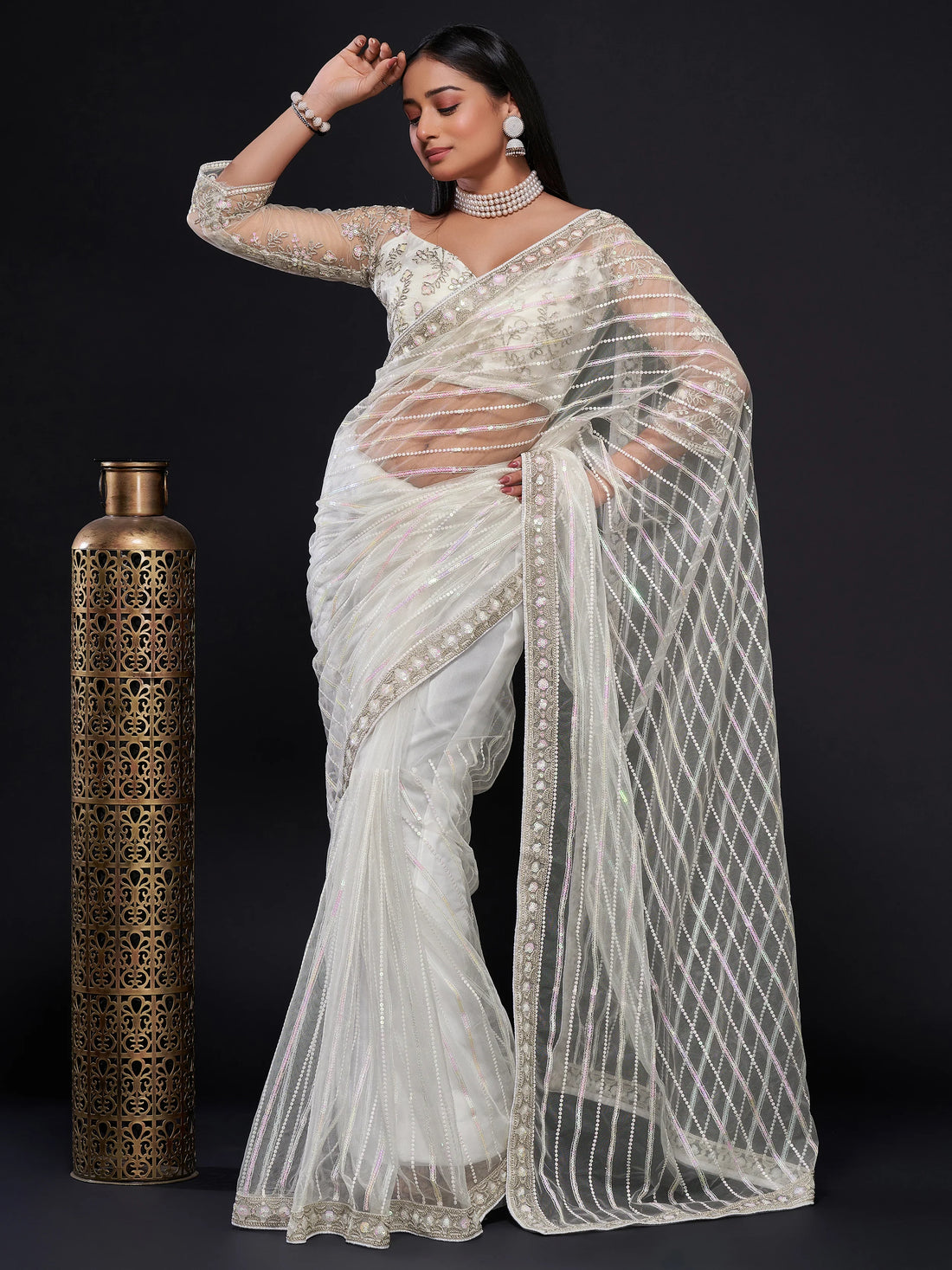 Fascinating White Sequins Net Party Wear Saree With Blouse - Zeel Clothing