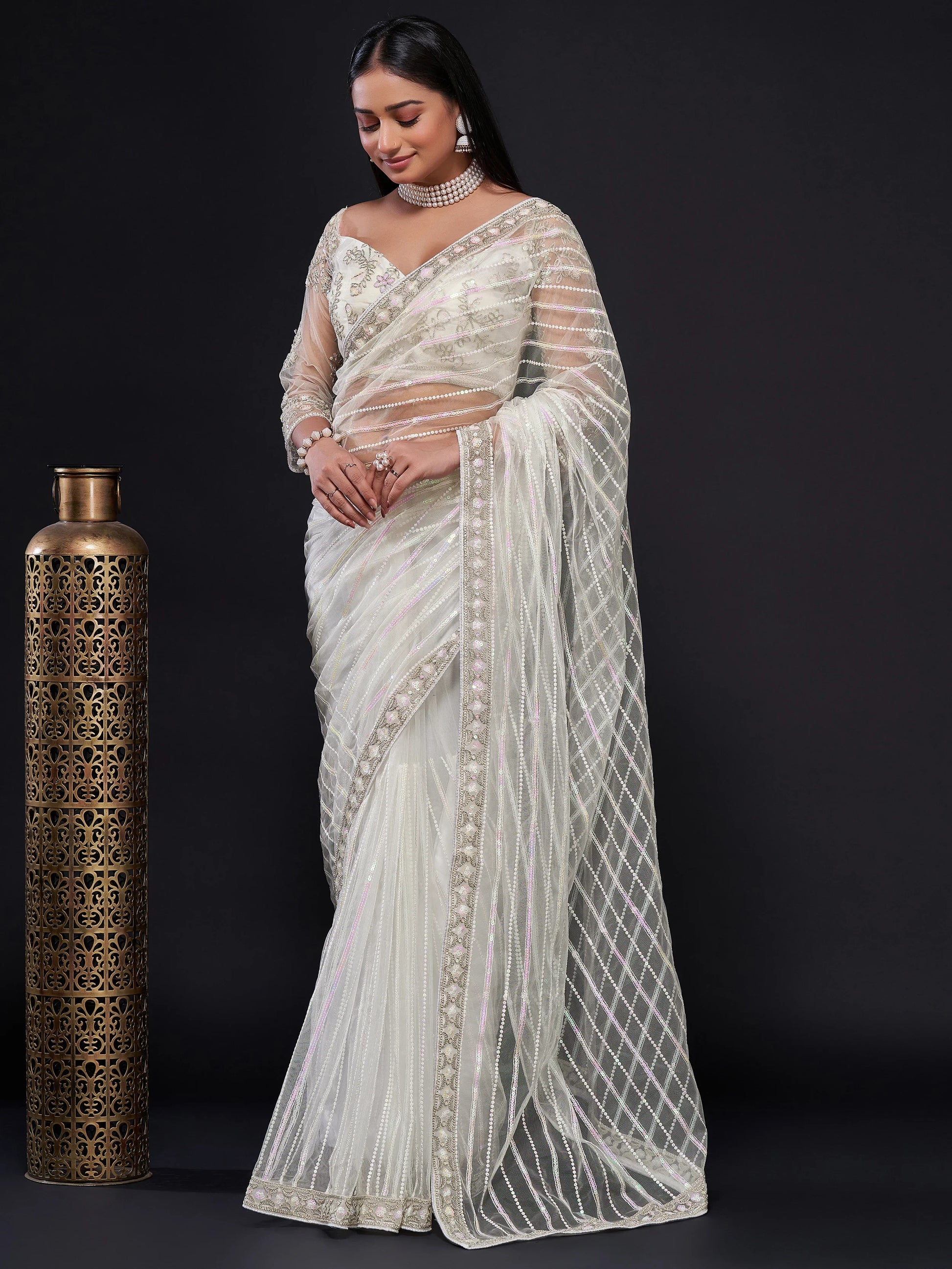 Fascinating White Sequins Net Party Wear Saree With Blouse - Zeel Clothing