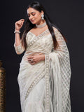 Fascinating White Sequins Net Party Wear Saree With Blouse - Zeel Clothing