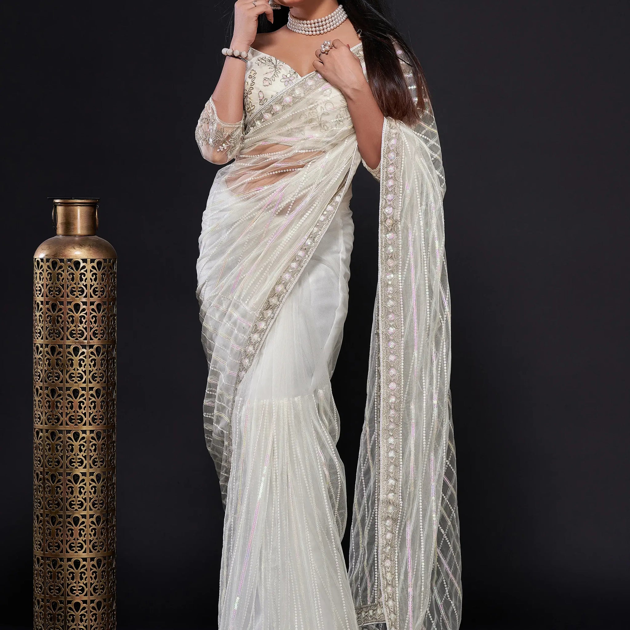Fascinating White Sequins Net Party Wear Saree With Blouse - Zeel Clothing