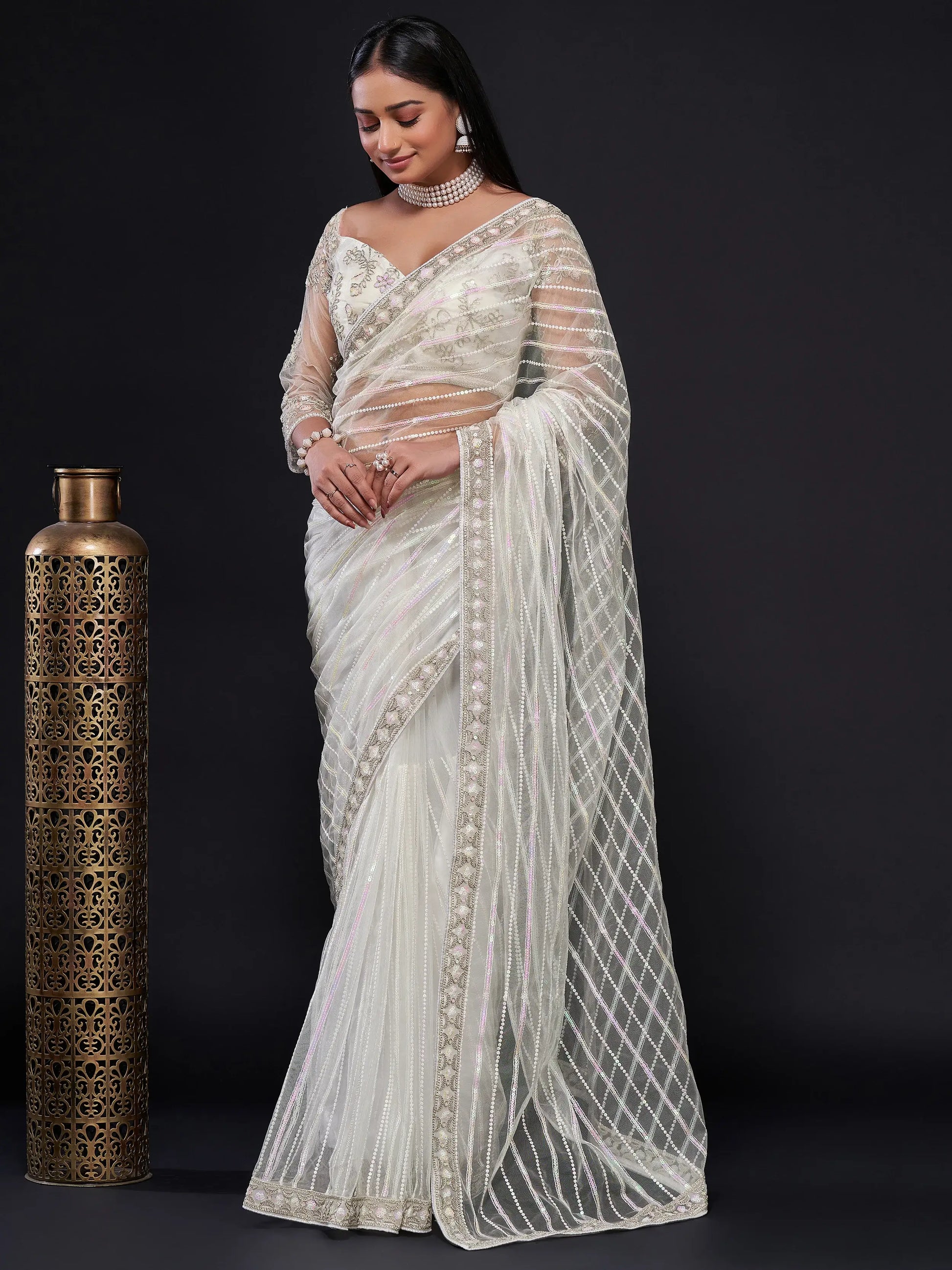 Fascinating White Sequins Net Party Wear Saree With Blouse - Zeel Clothing