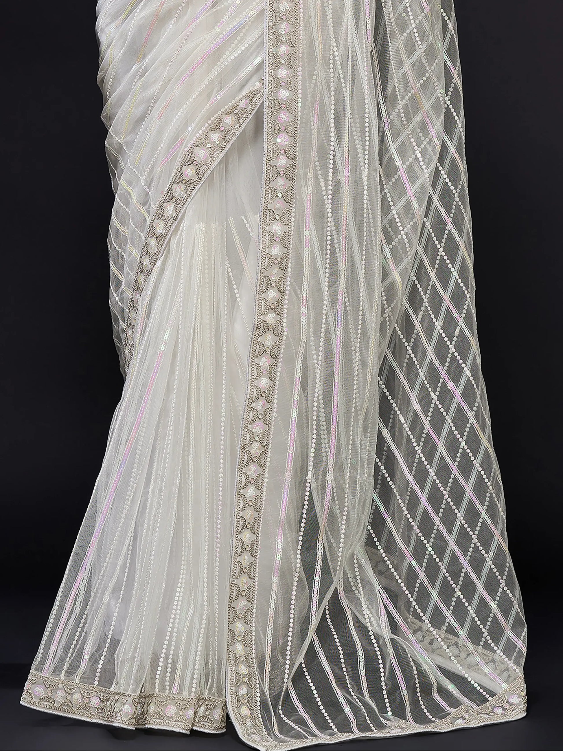 Fascinating White Sequins Net Party Wear Saree With Blouse - Zeel Clothing