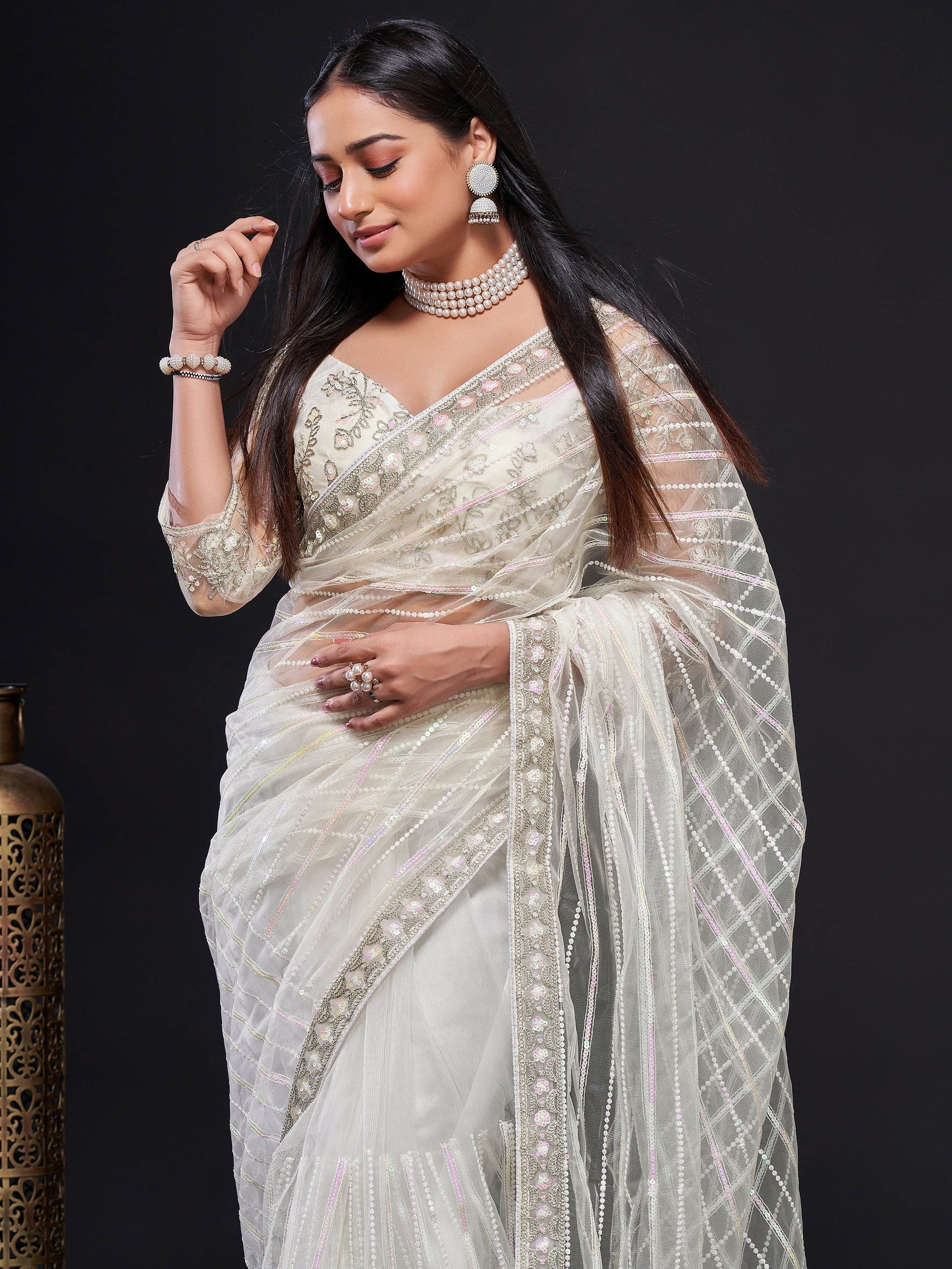 Fascinating White Sequins Net Party Wear Saree With Blouse - Zeel Clothing