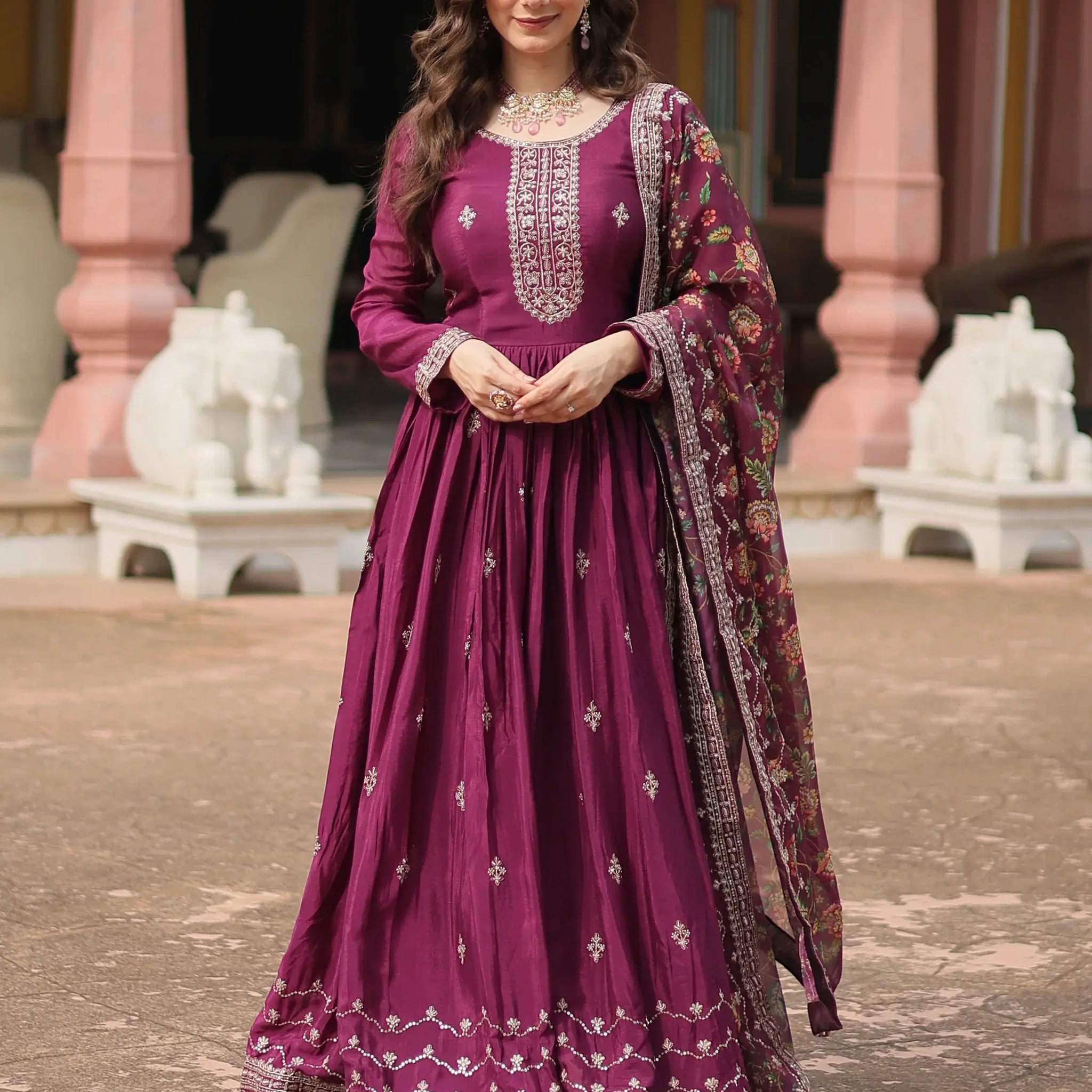 Fascinating Wine Sequins Chinon Reception Wear Gown With Dupatta - Zeel Clothing