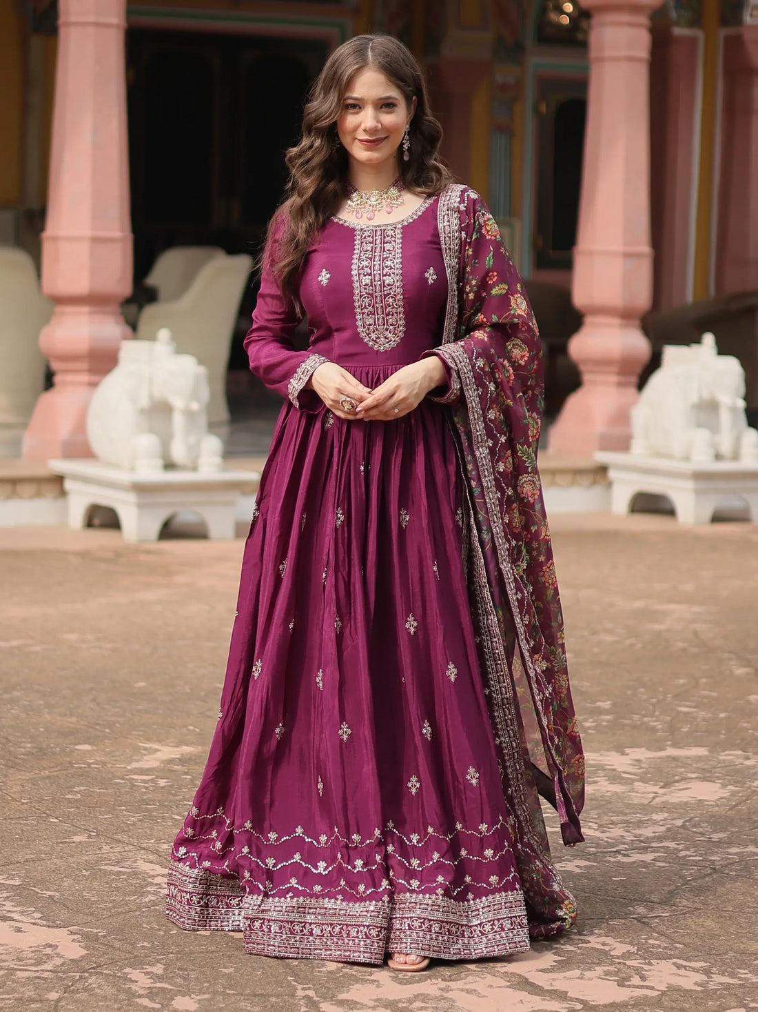 Fascinating Wine Sequins Chinon Reception Wear Gown With Dupatta - Zeel Clothing