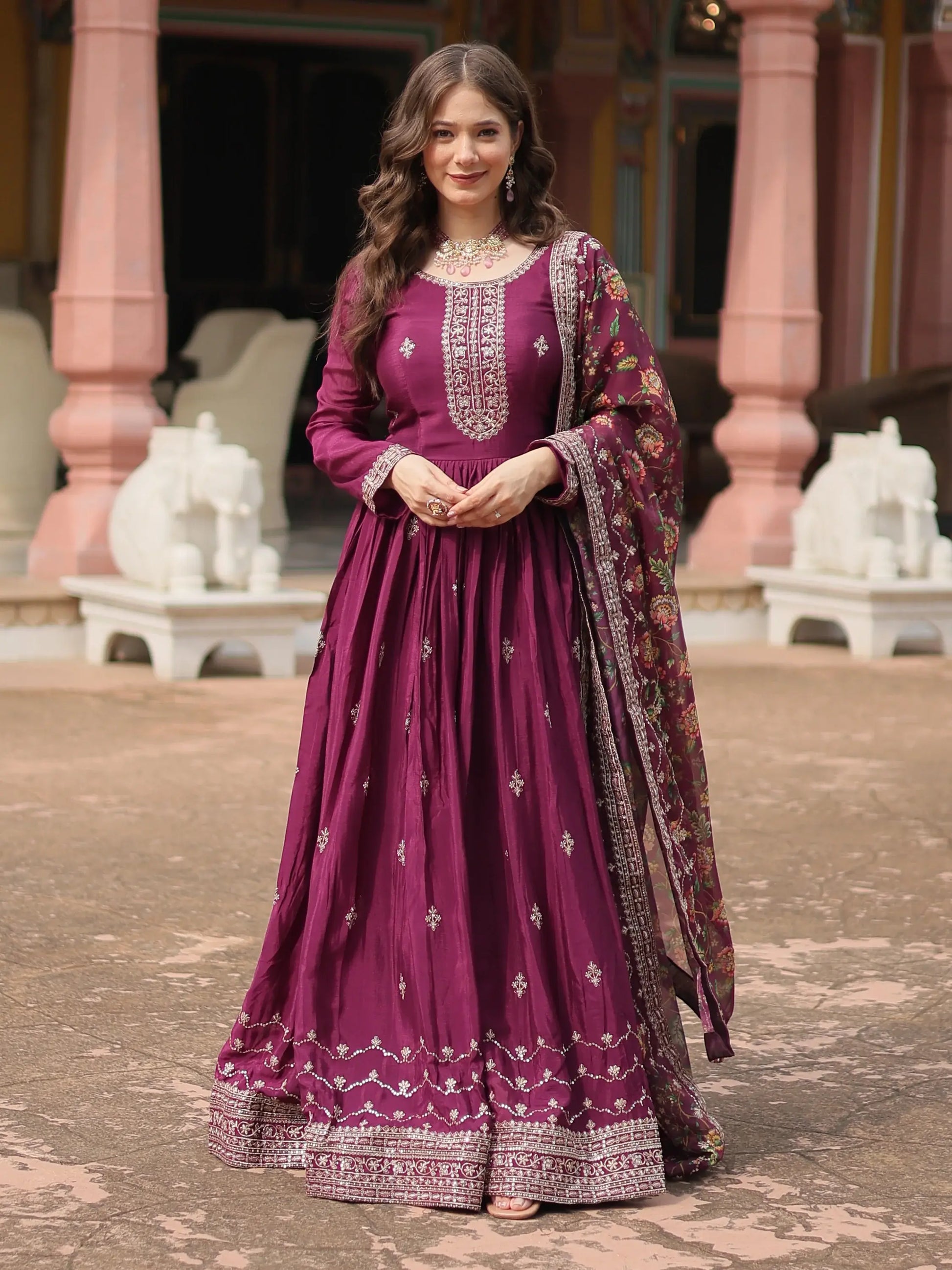 Fascinating Wine Sequins Chinon Reception Wear Gown With Dupatta - Zeel Clothing