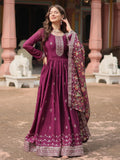 Fascinating Wine Sequins Chinon Reception Wear Gown With Dupatta - Zeel Clothing