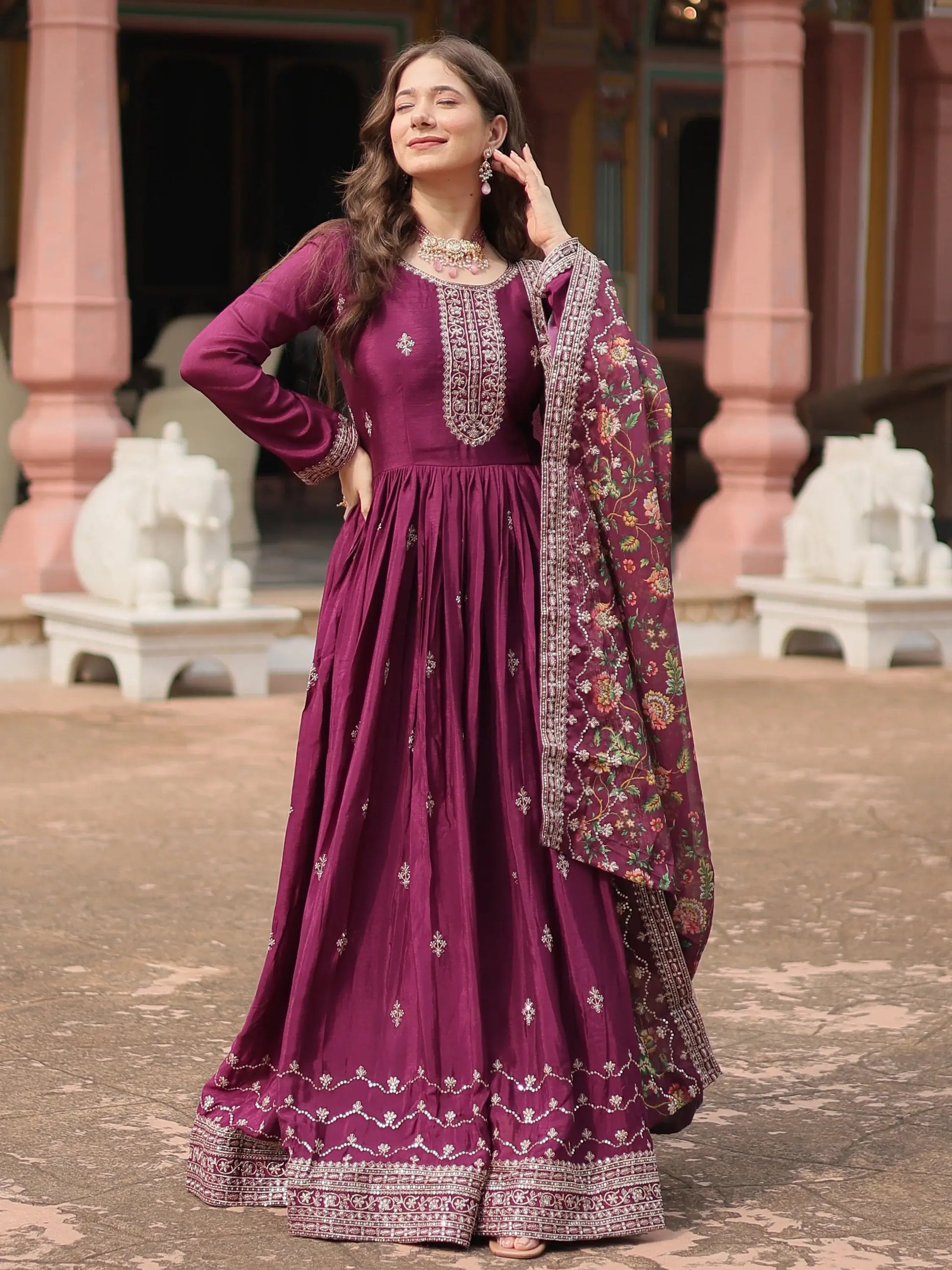 Fascinating Wine Sequins Chinon Reception Wear Gown With Dupatta - Zeel Clothing