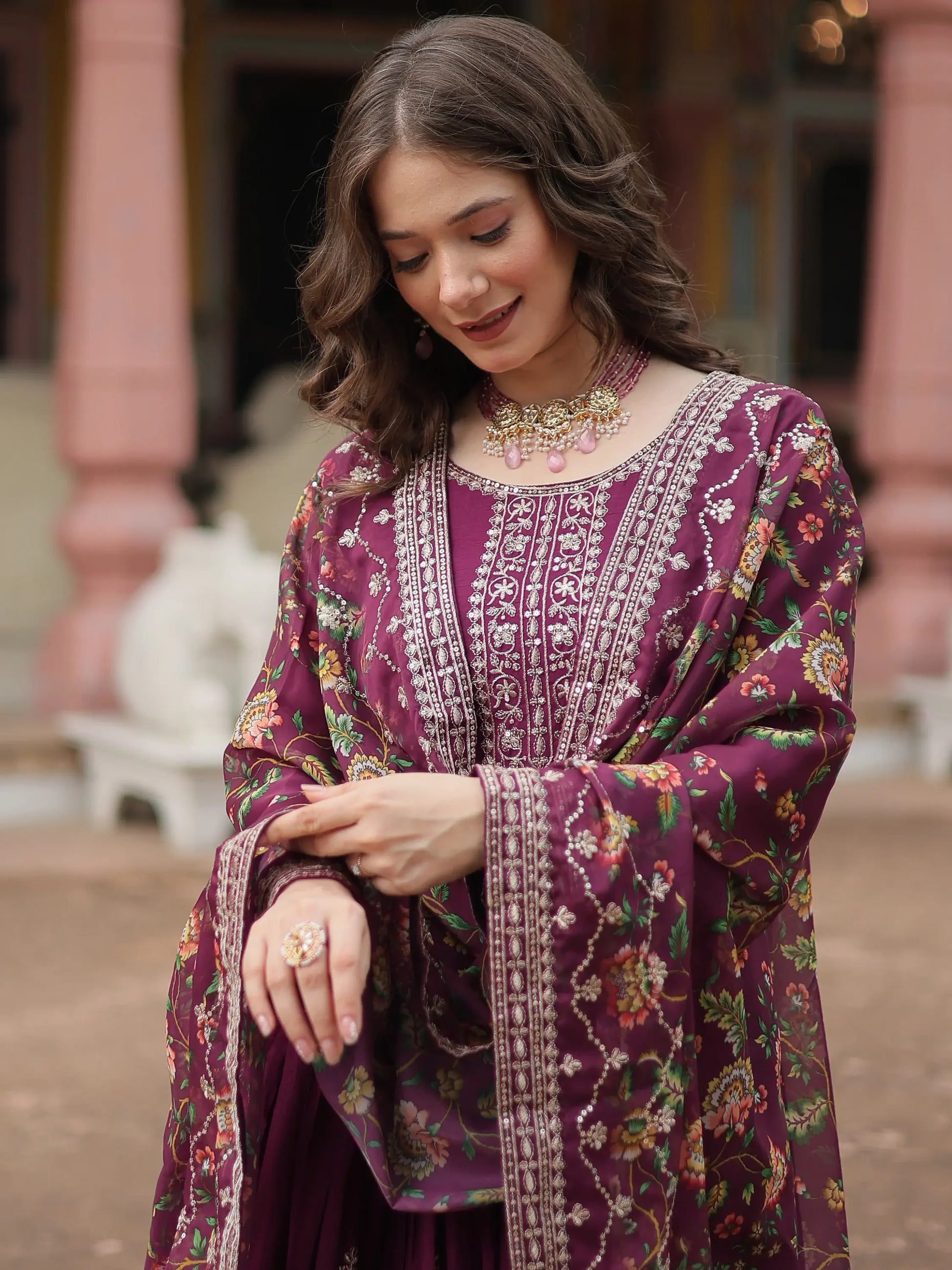 Fascinating Wine Sequins Chinon Reception Wear Gown With Dupatta - Zeel Clothing