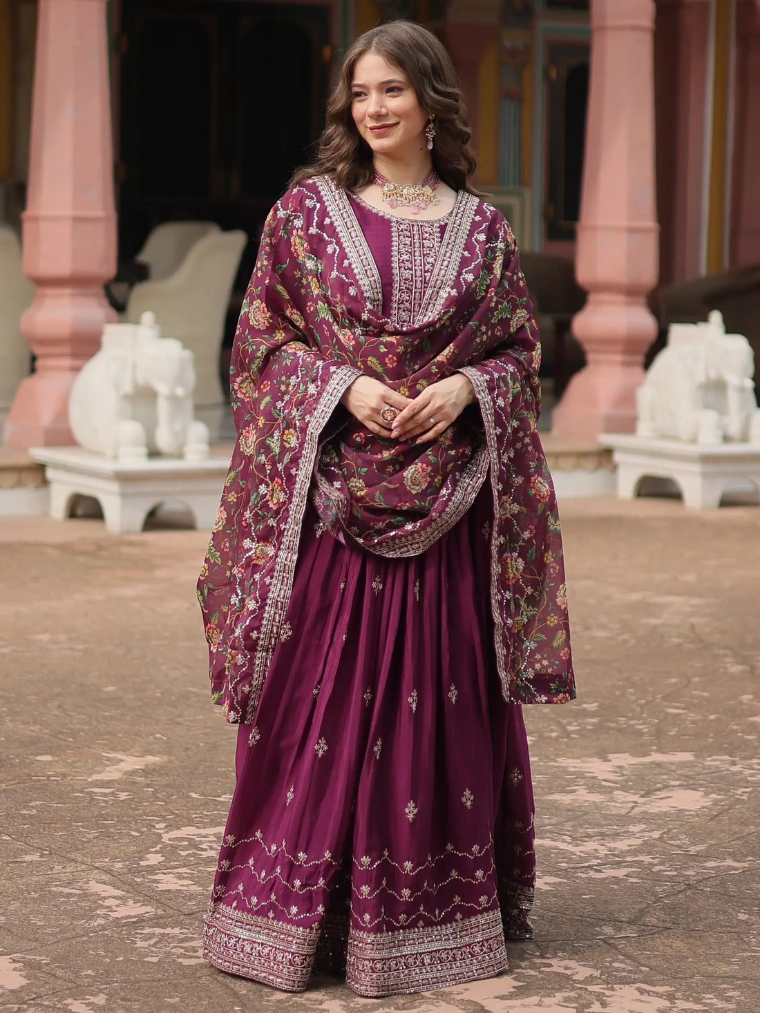 Fascinating Wine Sequins Chinon Reception Wear Gown With Dupatta - Zeel Clothing