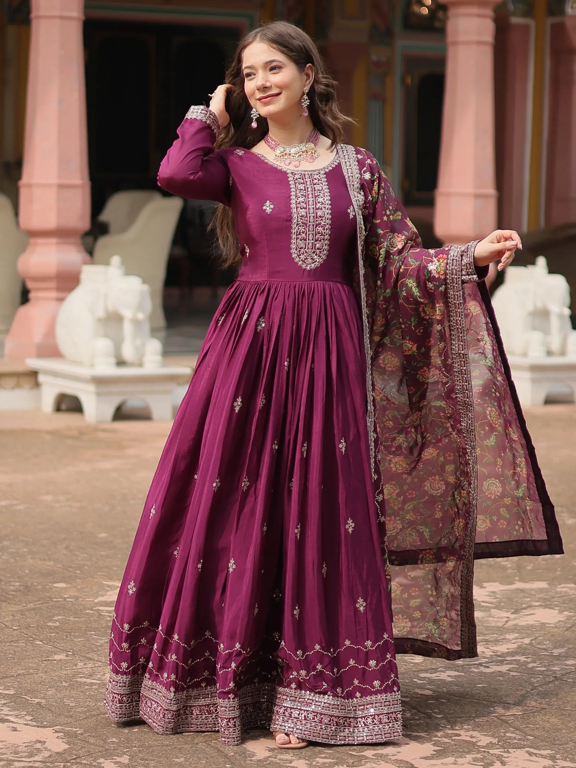Fascinating Wine Sequins Chinon Reception Wear Gown With Dupatta - Zeel Clothing