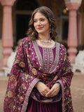 Fascinating Wine Sequins Chinon Reception Wear Gown With Dupatta - Zeel Clothing
