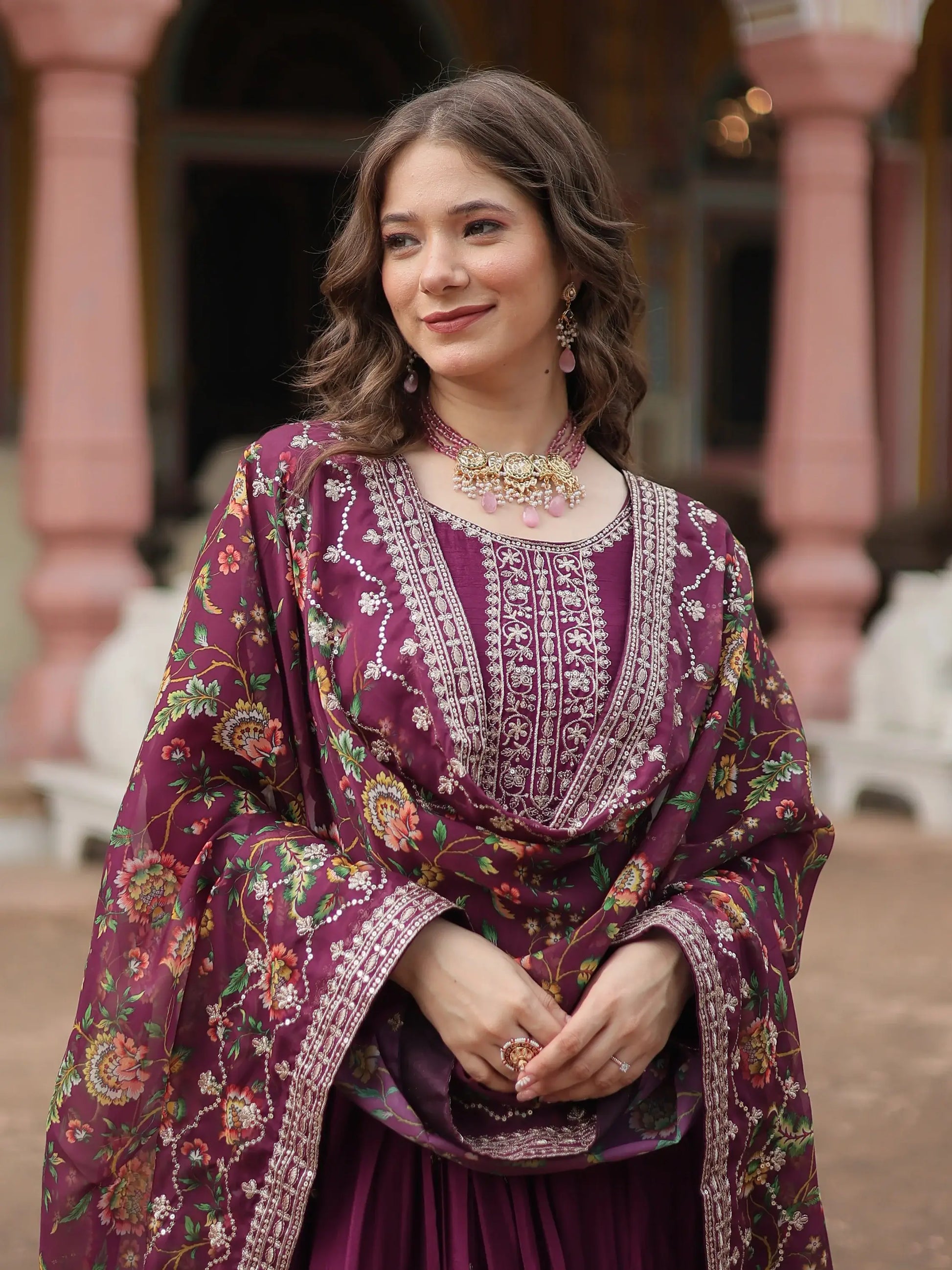 Fascinating Wine Sequins Chinon Reception Wear Gown With Dupatta - Zeel Clothing