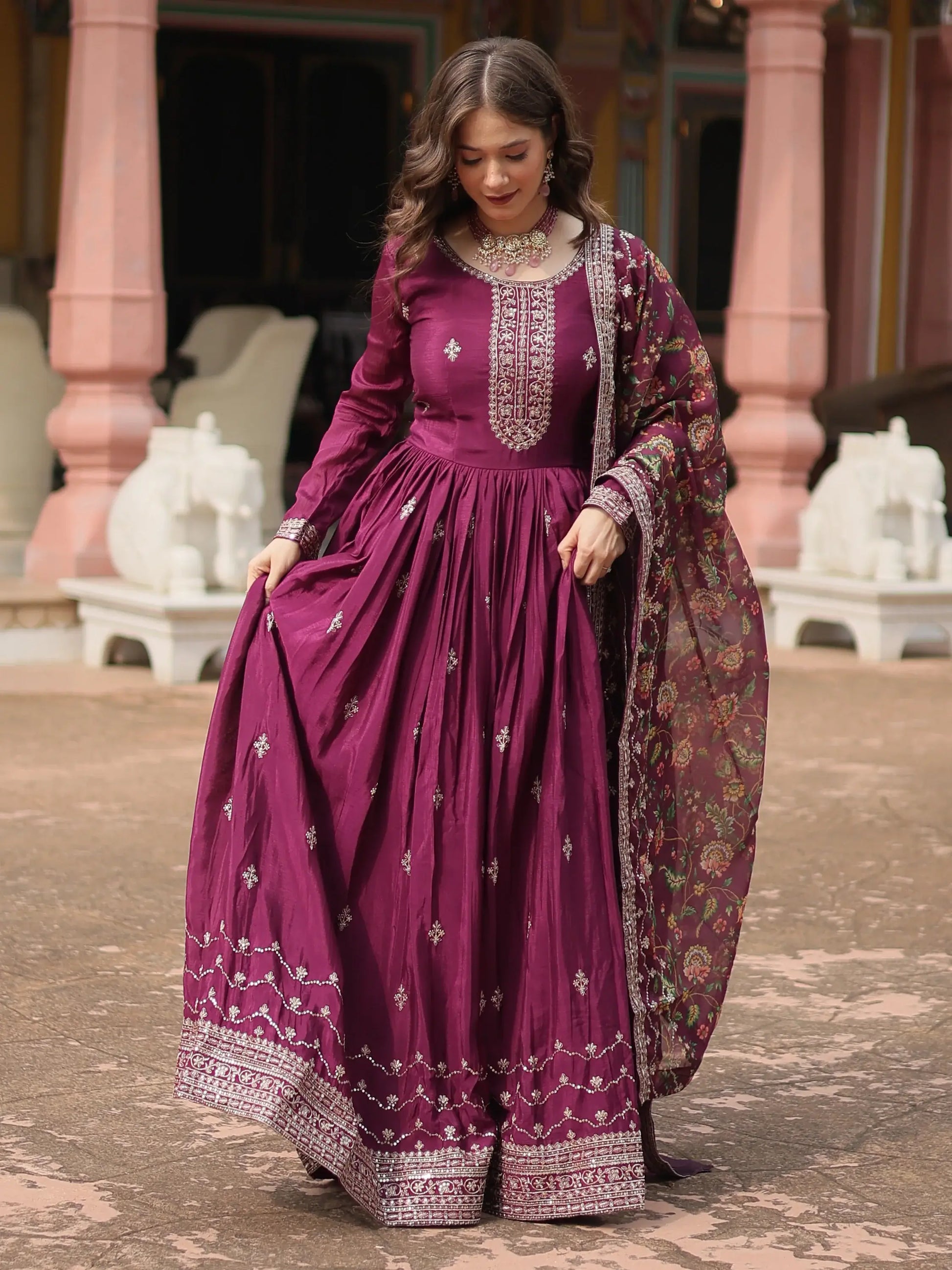 Fascinating Wine Sequins Chinon Reception Wear Gown With Dupatta - Zeel Clothing