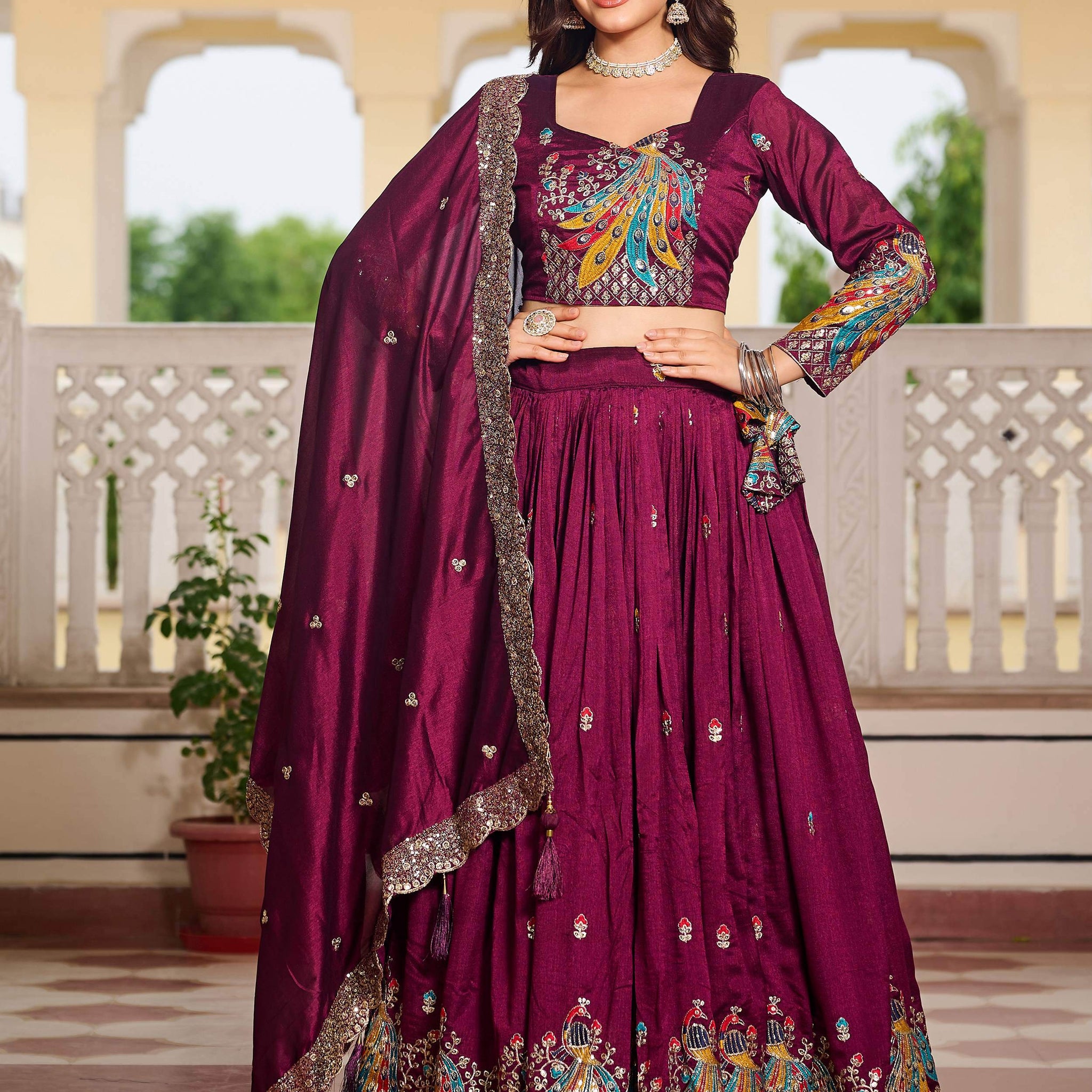 Fascinating Wine Sequins Work Vichitra Silk Bridesmaid Lehenga Choli With Dupatta - Zeel Clothing