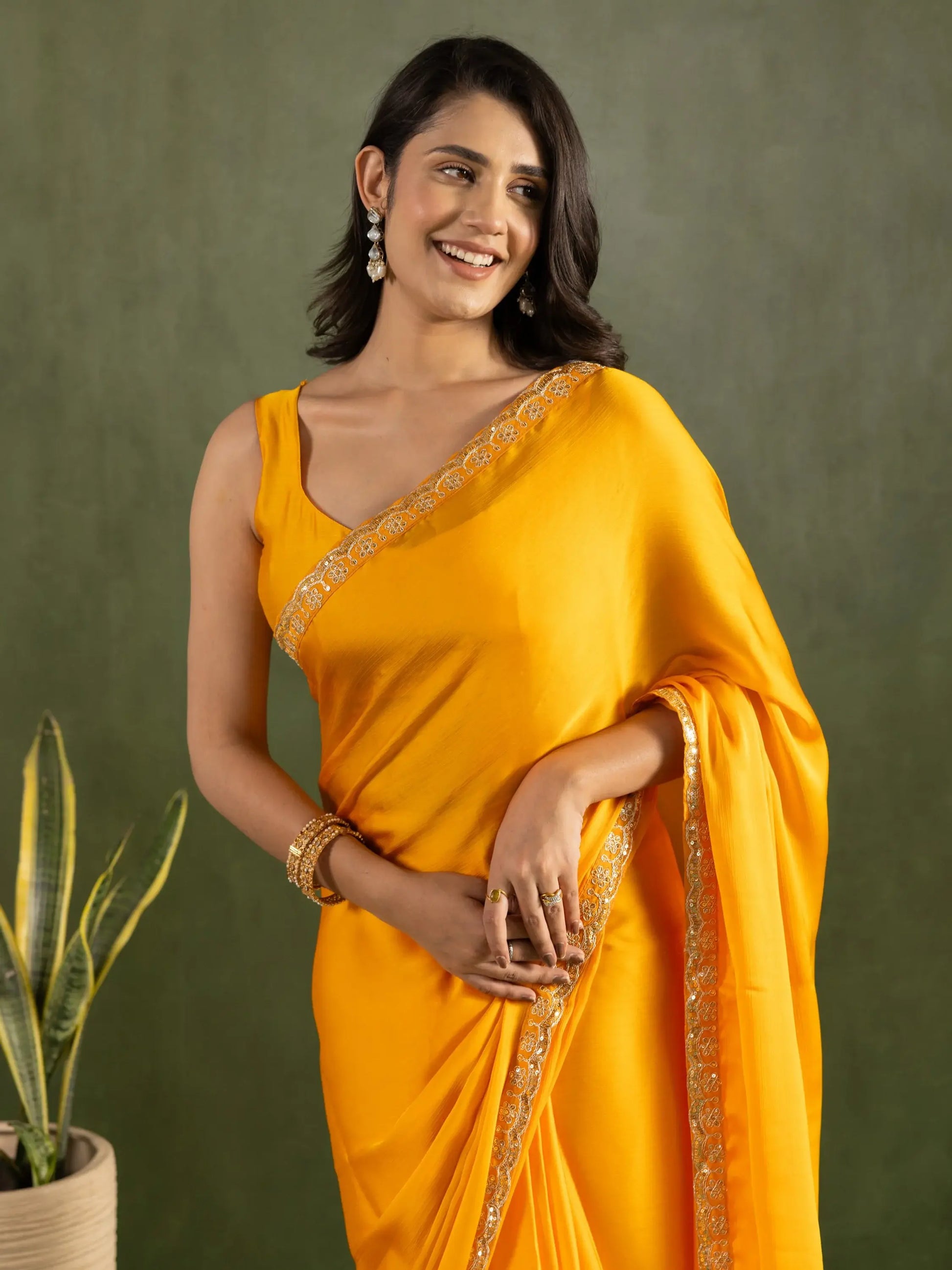 Fascinating Yellow Border Work Chiffon Haldi Wear Pre-Stitched Saree - Zeel Clothing