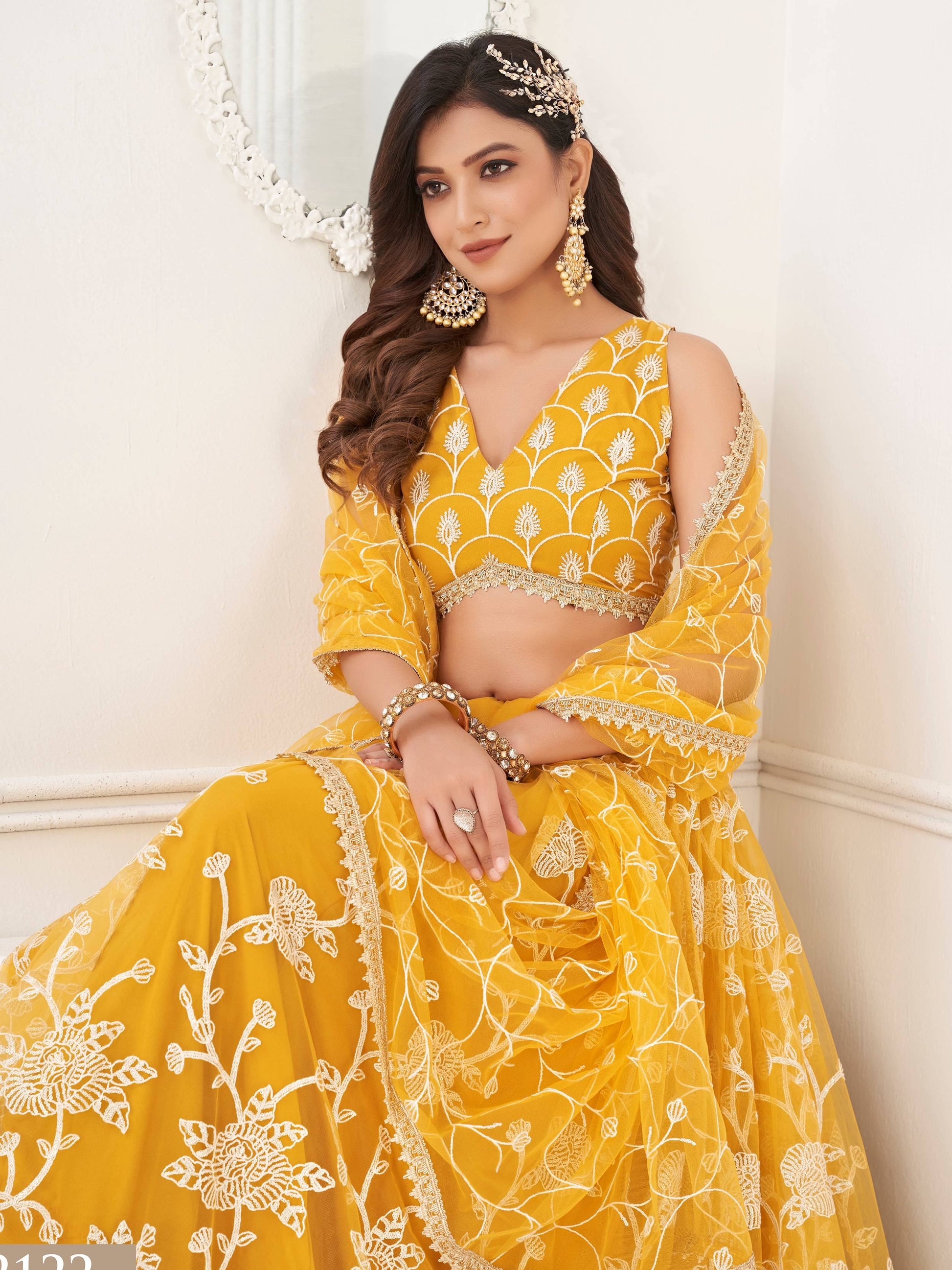 Fascinating Yellow Embroidered Net Haldi Wear Lehenga Choli - Zeel Clothing